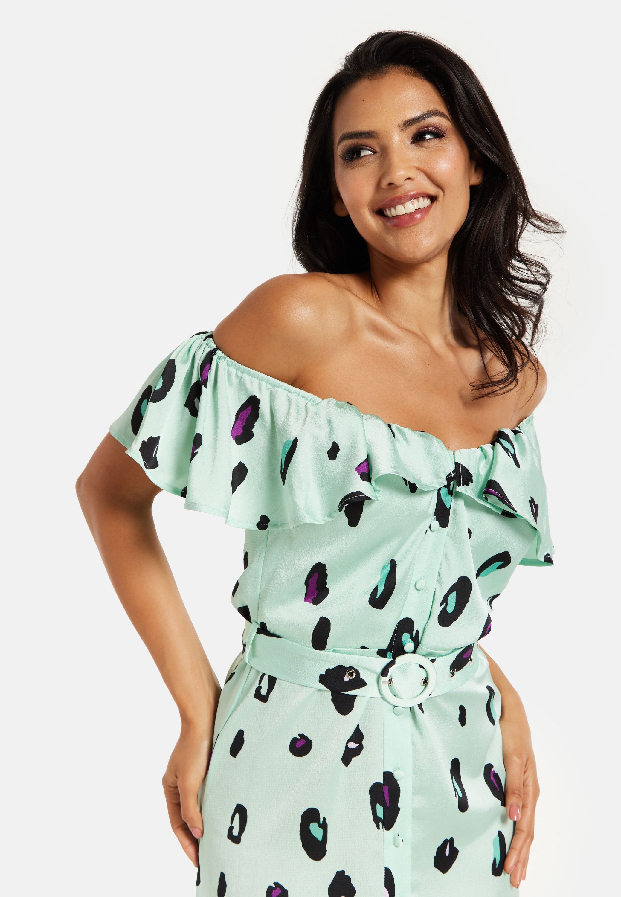 Women's Midi Dress with Off Shoulder Sleeves in Mint Animal Print - Liquorish