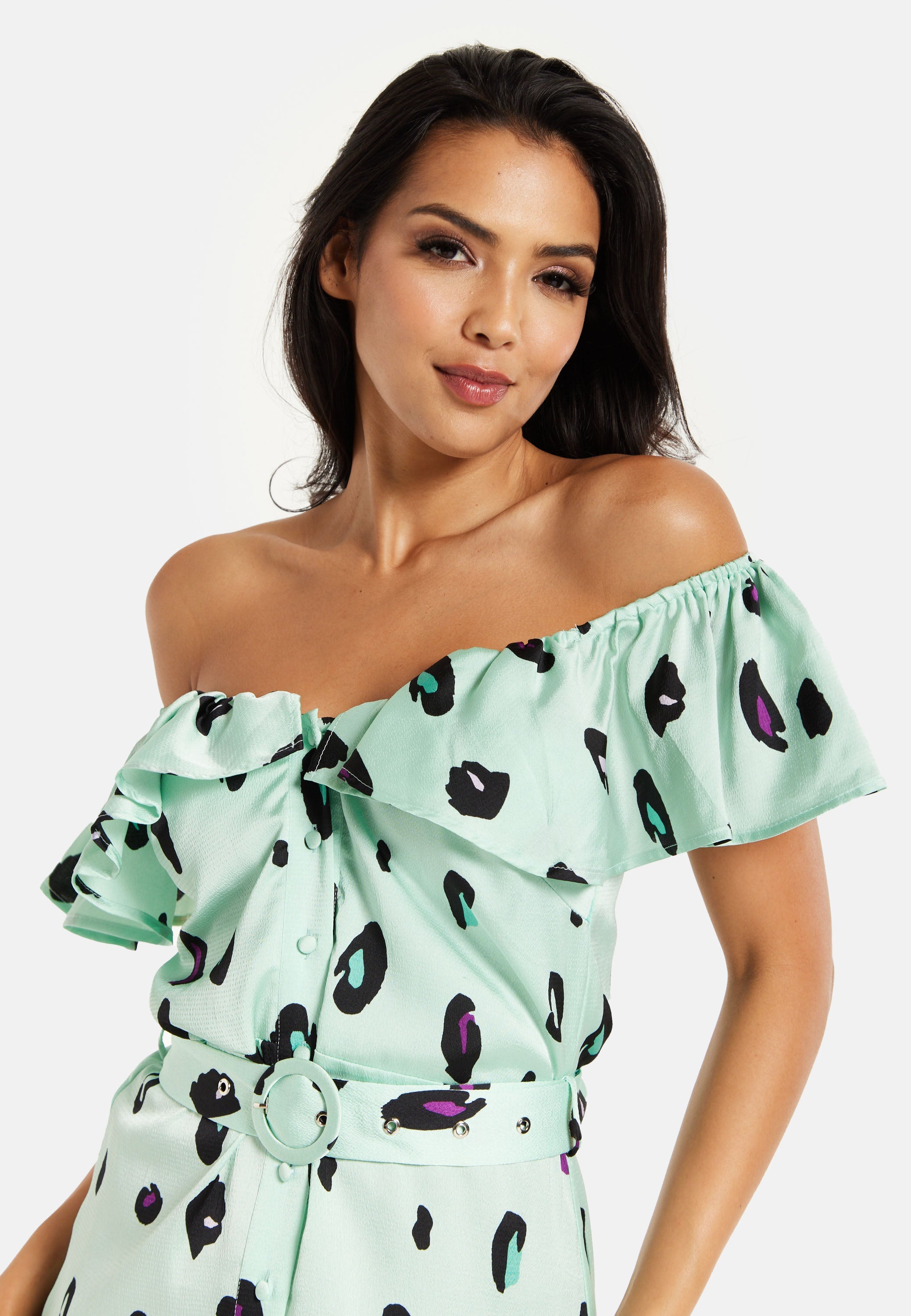 Women's Midi Dress with Off Shoulder Sleeves in Mint Animal Print - Liquorish