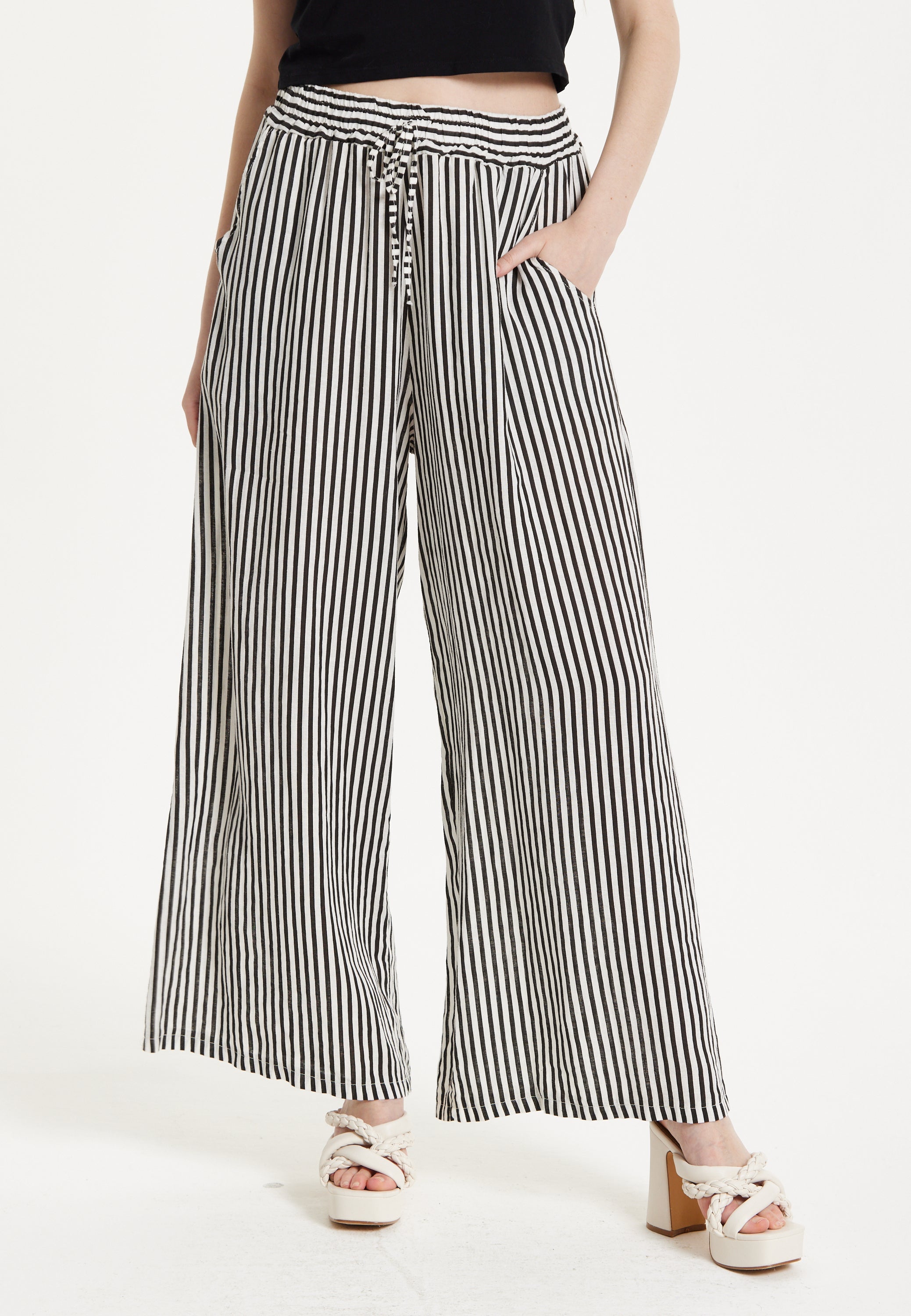 Black and White Striped Linen Wide Leg Trousers