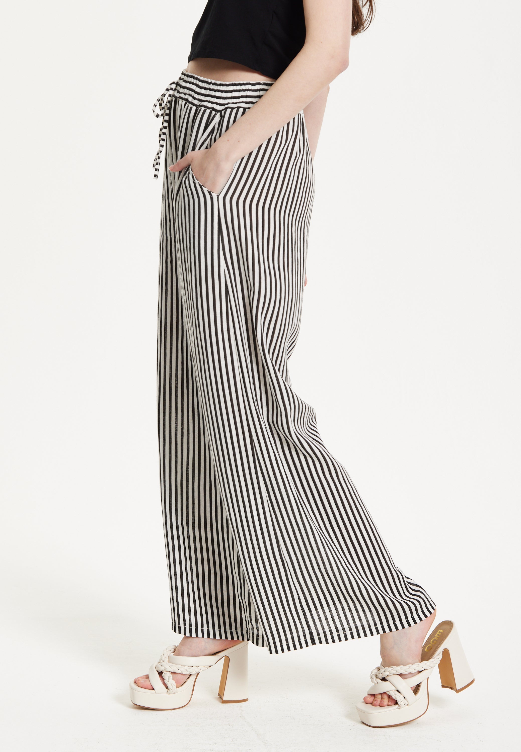Black and White Striped Linen Wide Leg Trousers