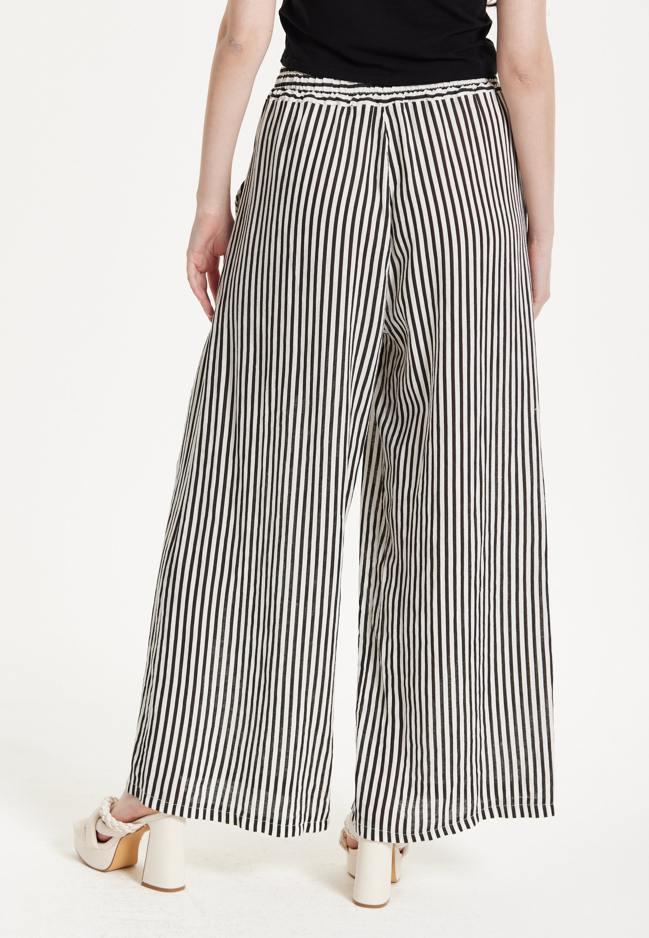 Black and White Striped Linen Wide Leg Trousers