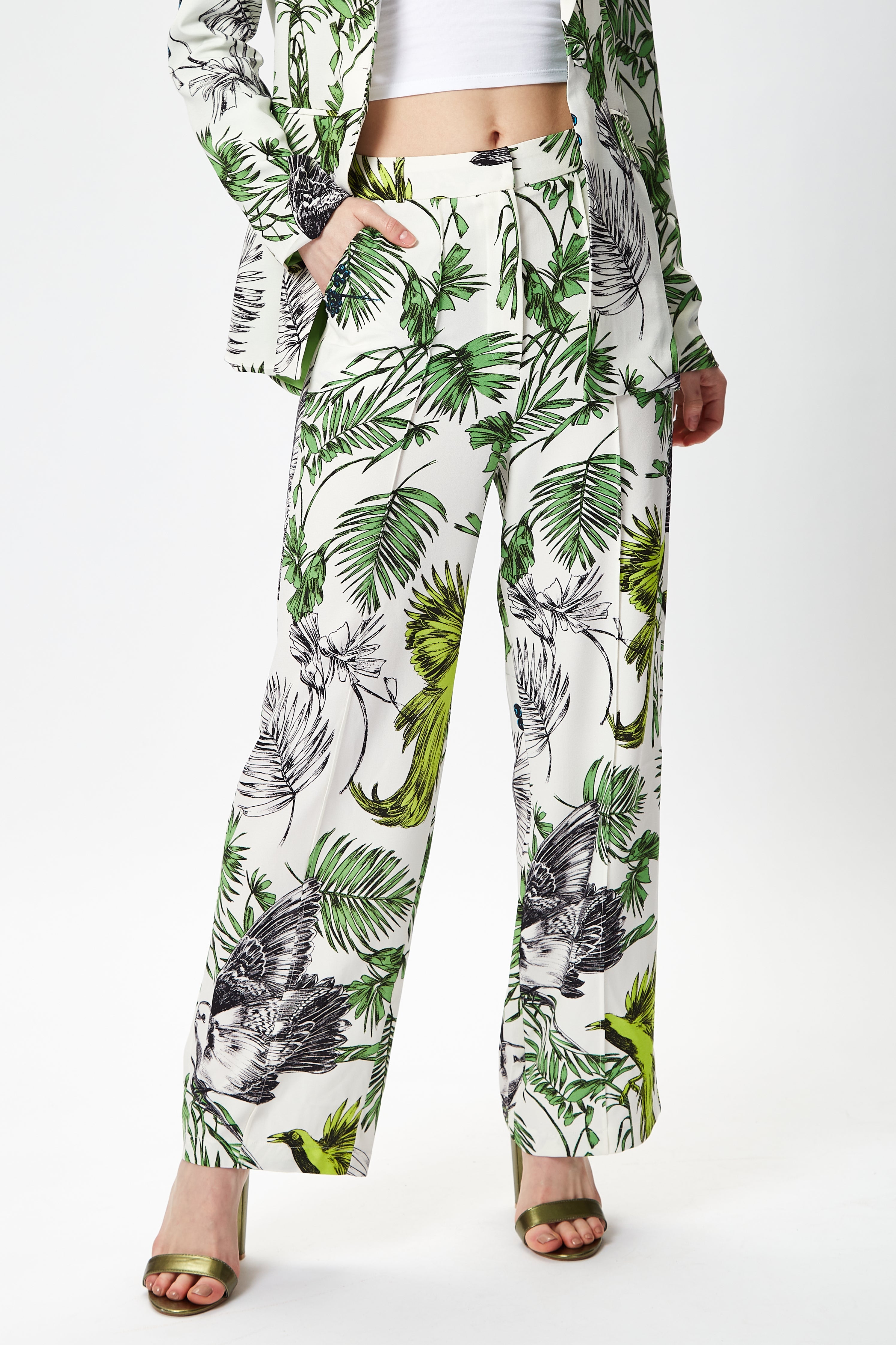 Women's Trousers with High Rise Fit, Bird and Floral Print, Part of Co-ord Set, 100% Polyester - Liquorish