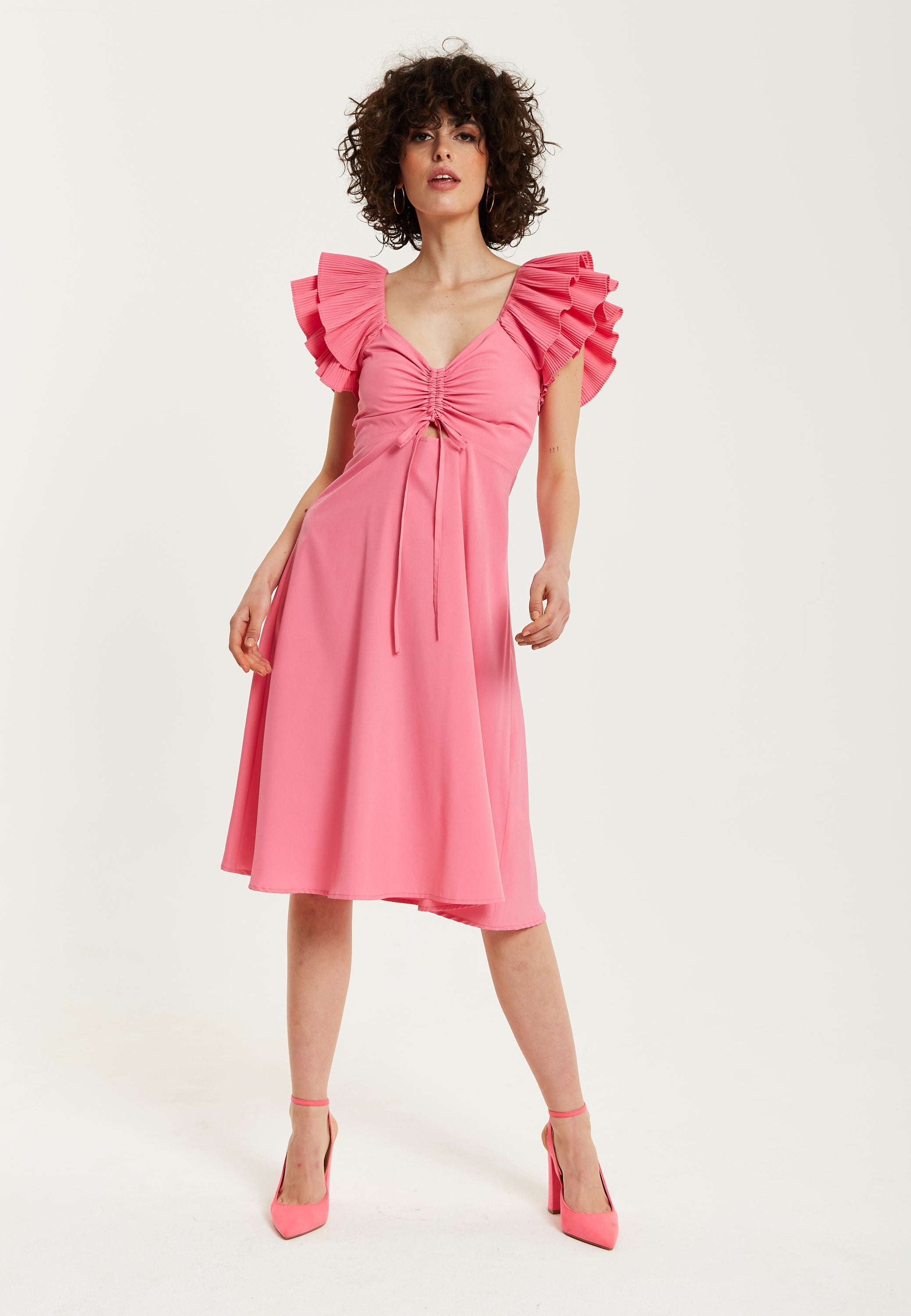 Women's Midi Dress with Frill Sleeves and Ruching Front in Pink - Regular Fit by Liquorish