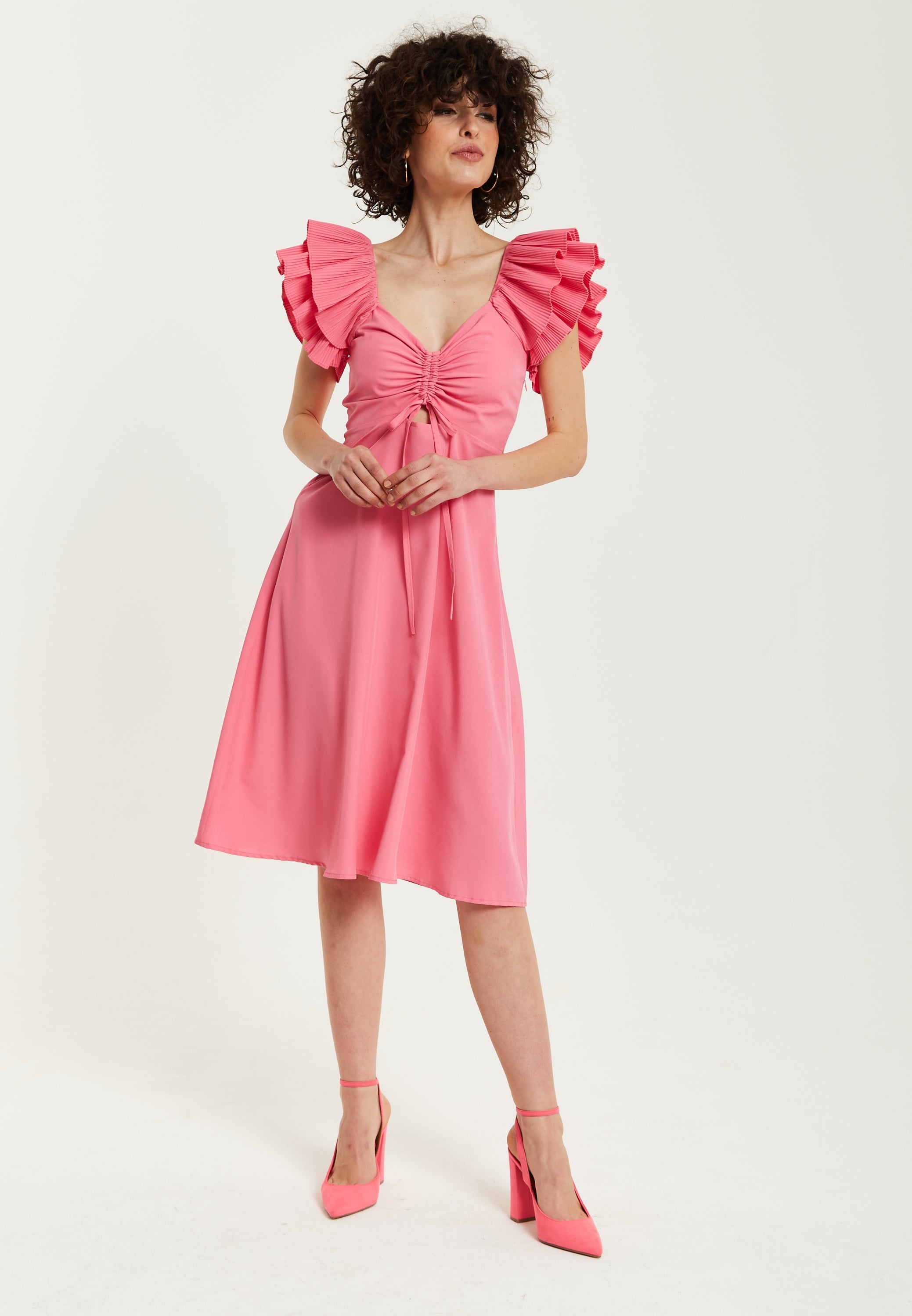 Women's Midi Dress with Frill Sleeves and Ruching Front in Pink - Regular Fit by Liquorish