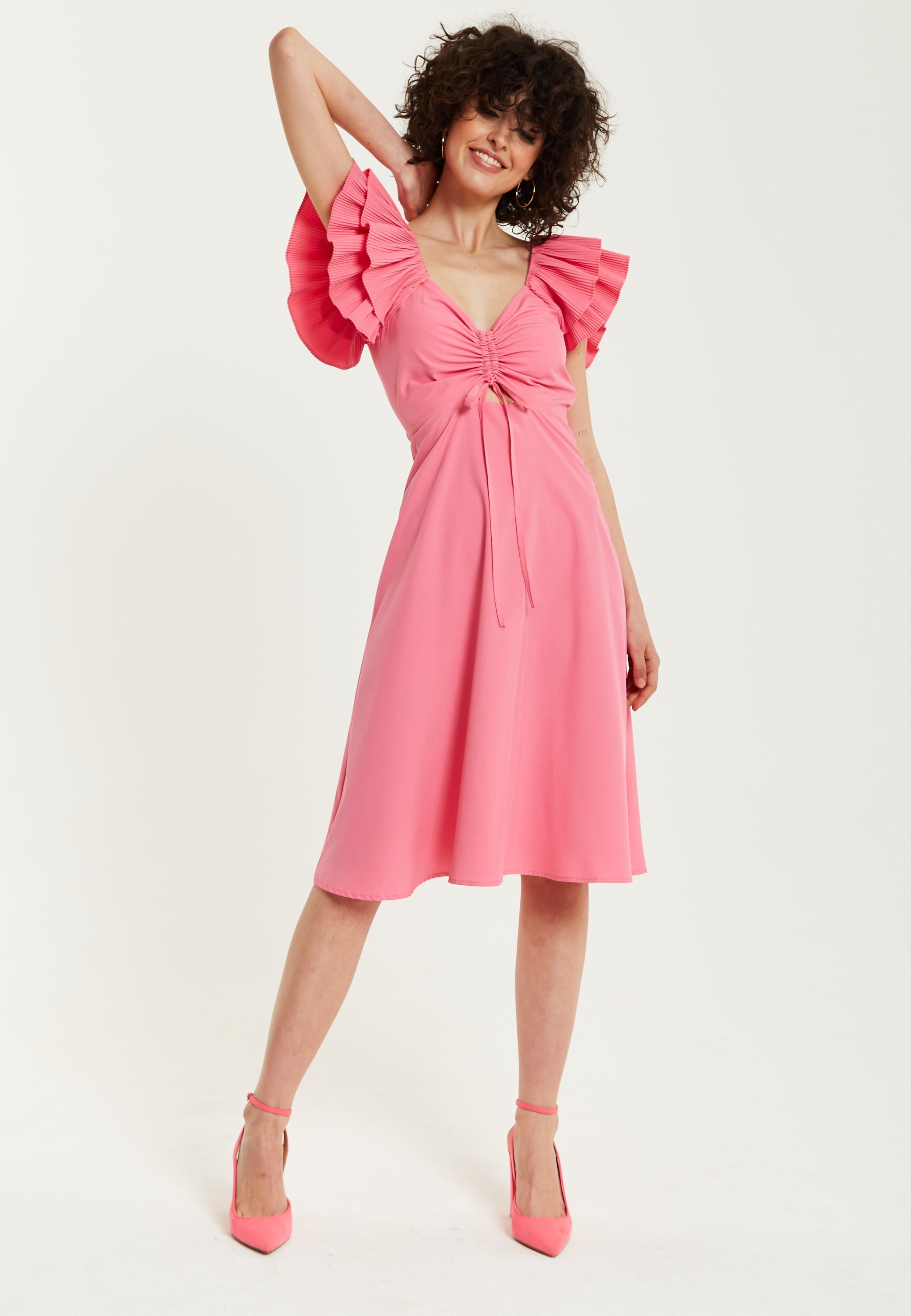 Women's Midi Dress with Frill Sleeves and Ruching Front in Pink - Regular Fit by Liquorish