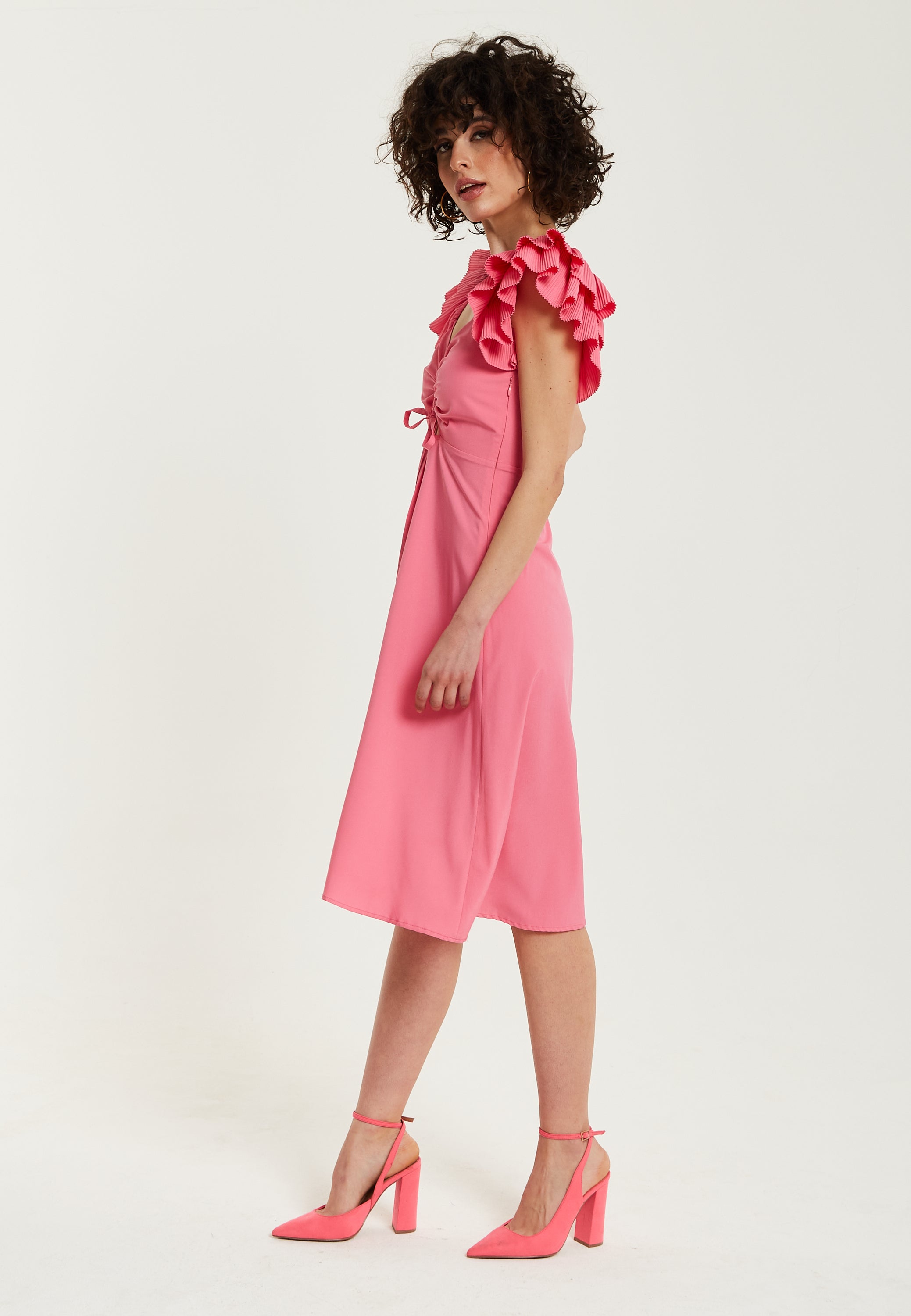Women's Midi Dress with Frill Sleeves and Ruching Front in Pink - Regular Fit by Liquorish