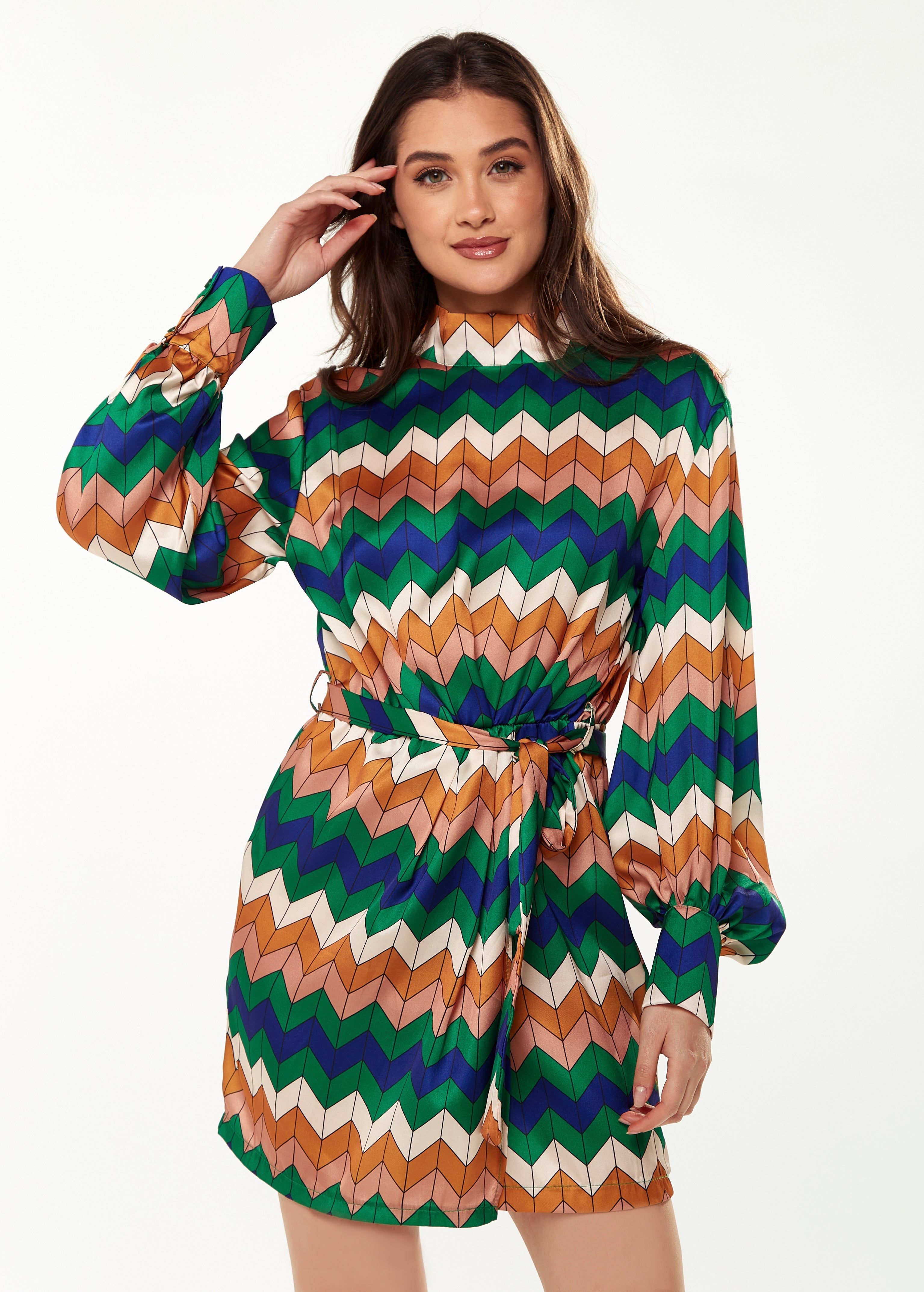 Women's Mini Dress in Cool Tones with Puffy Sleeves and Gathered Waist - Exclusive Liquorish