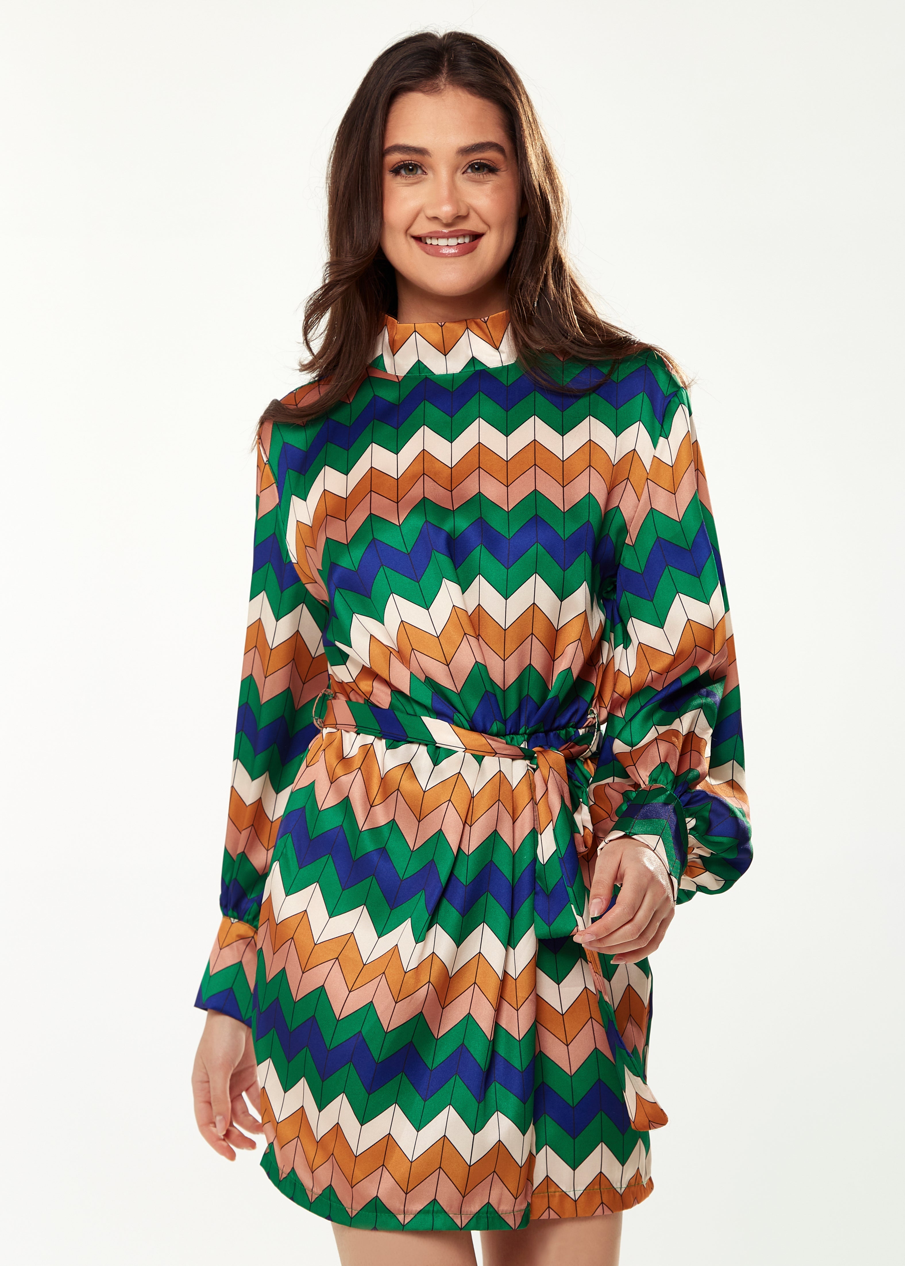 Women's Mini Dress in Cool Tones with Puffy Sleeves and Gathered Waist - Exclusive Liquorish