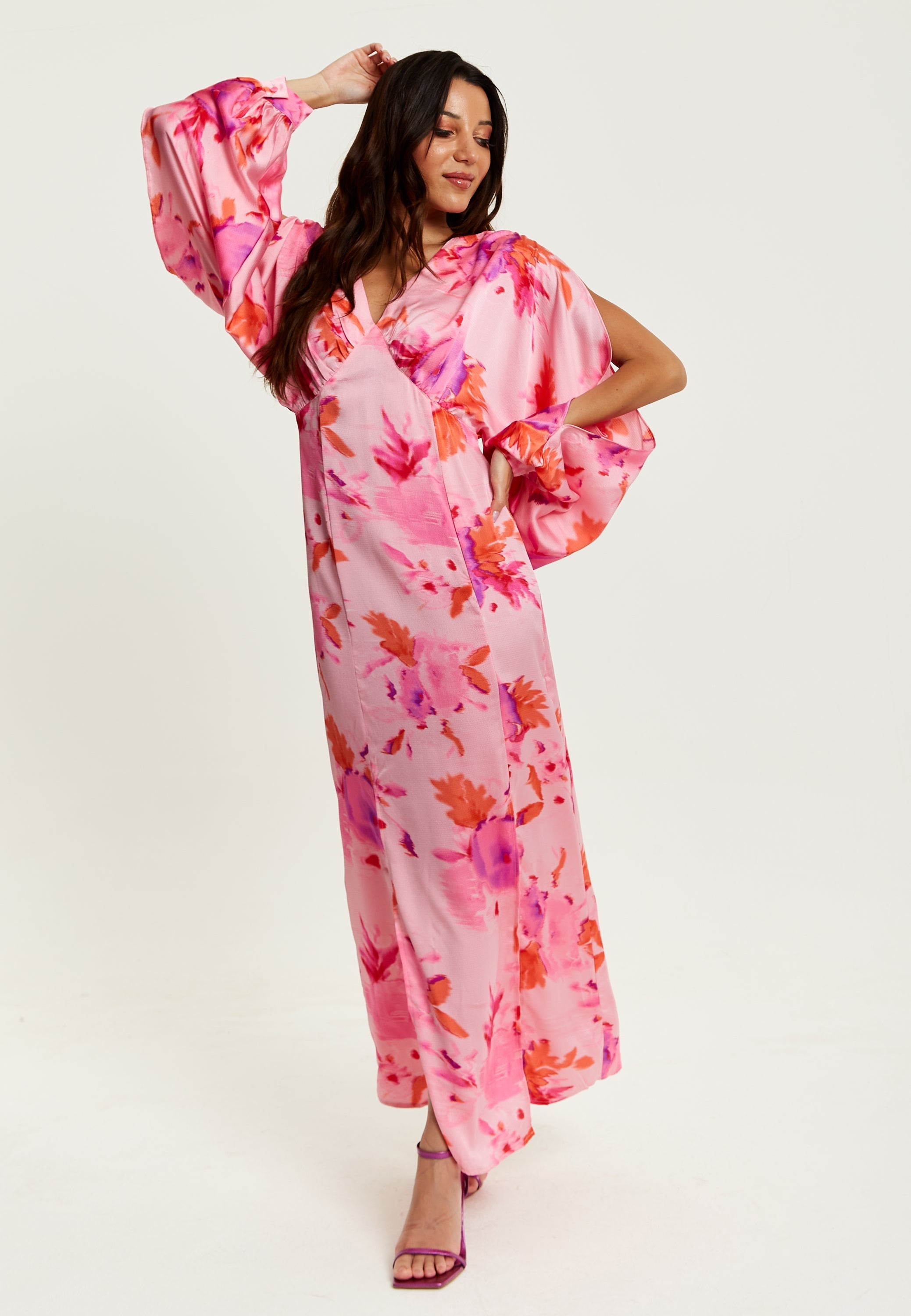 Women's Maxi Dress in Pink with Sleeve Slits and Floral Print, Elegant Design by Liquorish