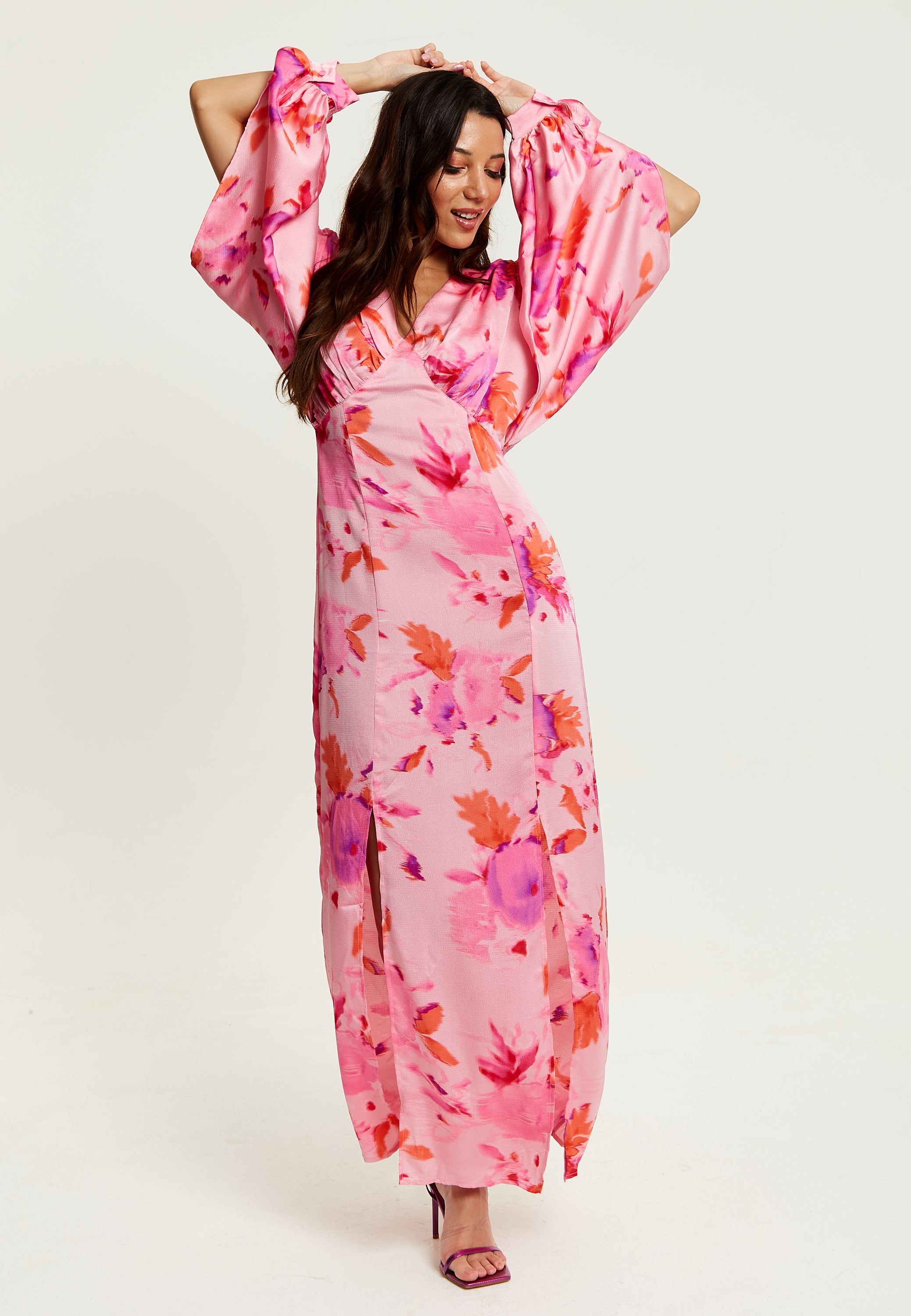 Women's Maxi Dress in Pink with Sleeve Slits and Floral Print, Elegant Design by Liquorish