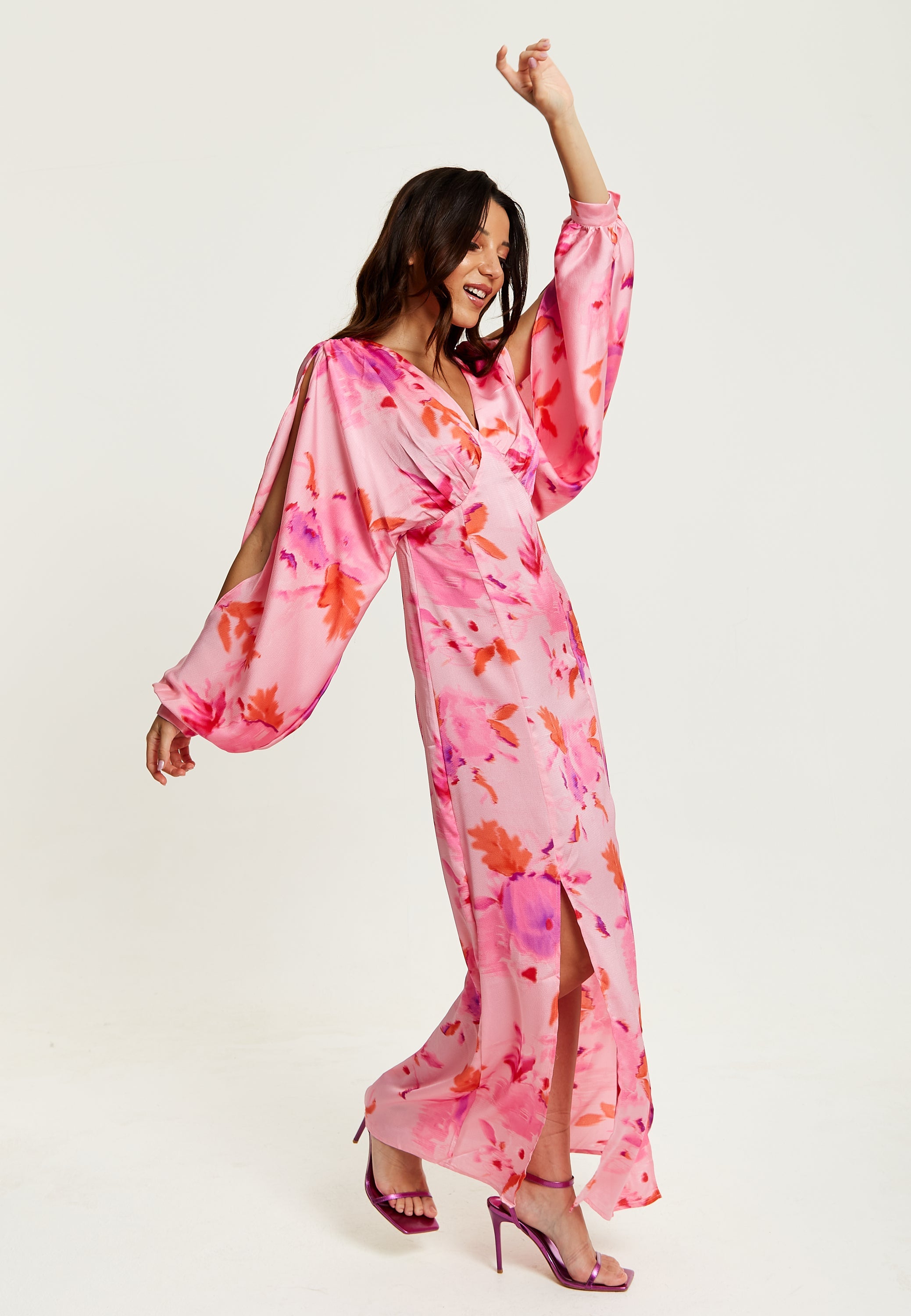 Women's Maxi Dress in Pink with Sleeve Slits and Floral Print, Elegant Design by Liquorish