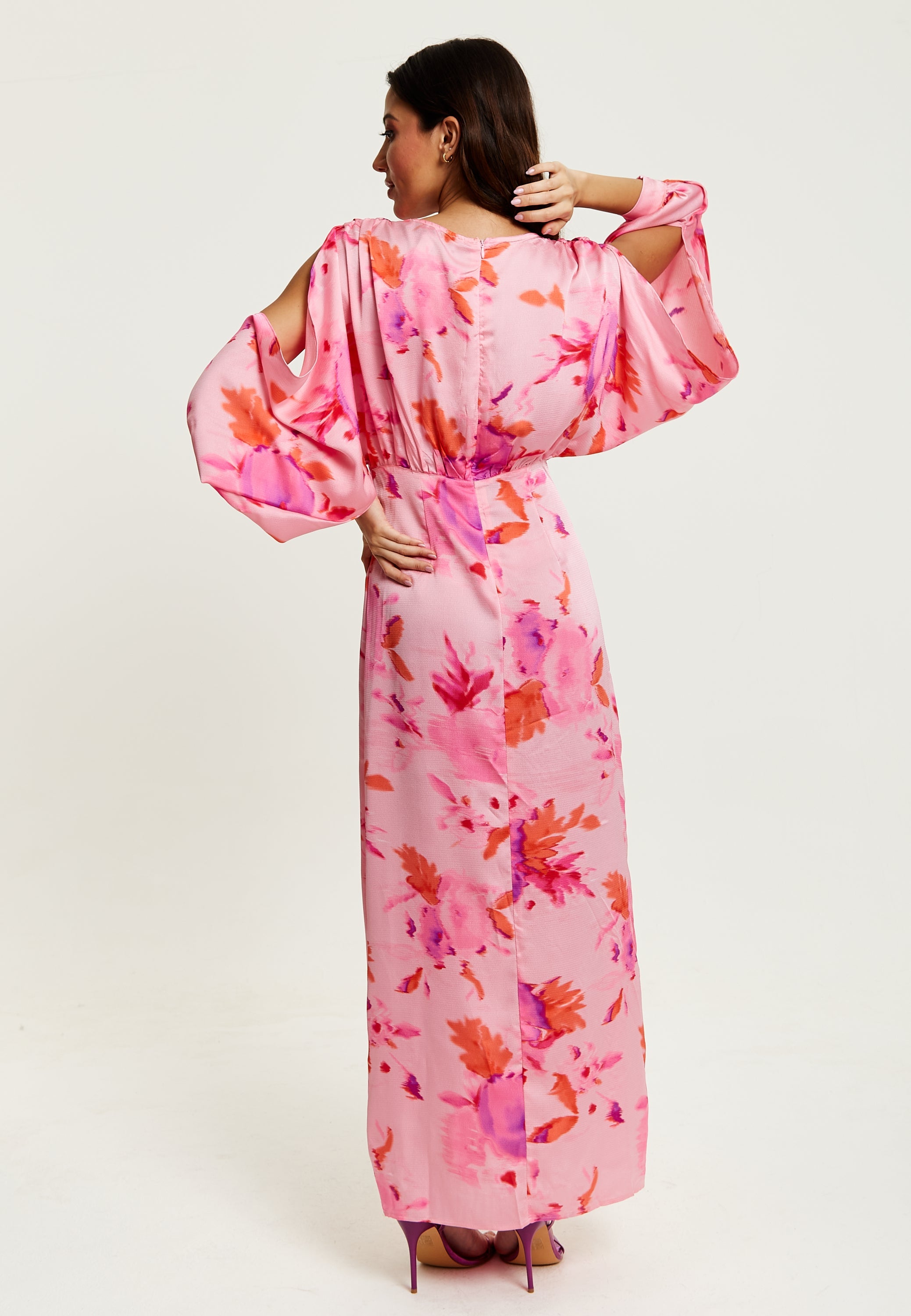 Women's Maxi Dress in Pink with Sleeve Slits and Floral Print, Elegant Design by Liquorish