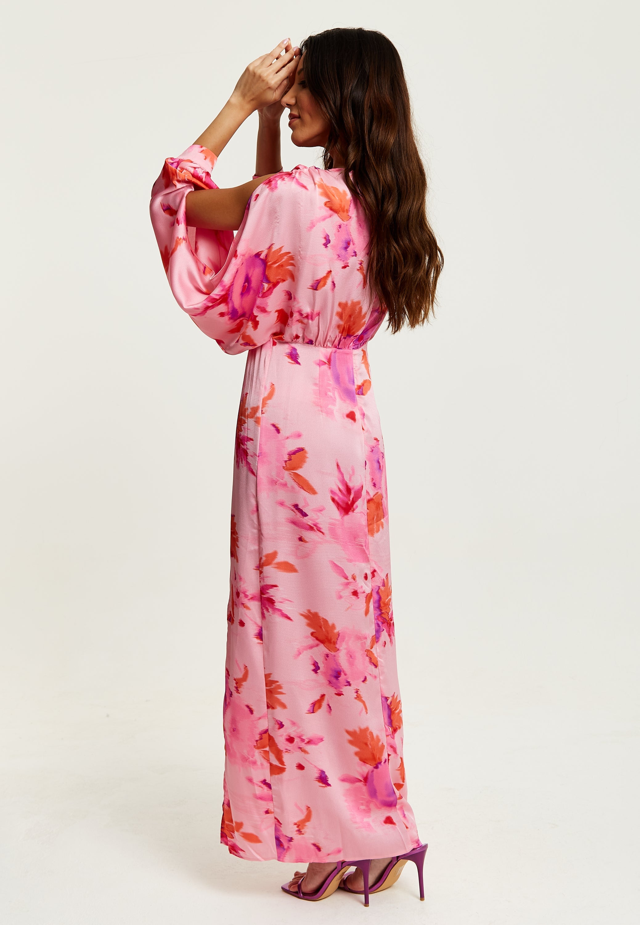 Women's Maxi Dress in Pink with Sleeve Slits and Floral Print, Elegant Design by Liquorish