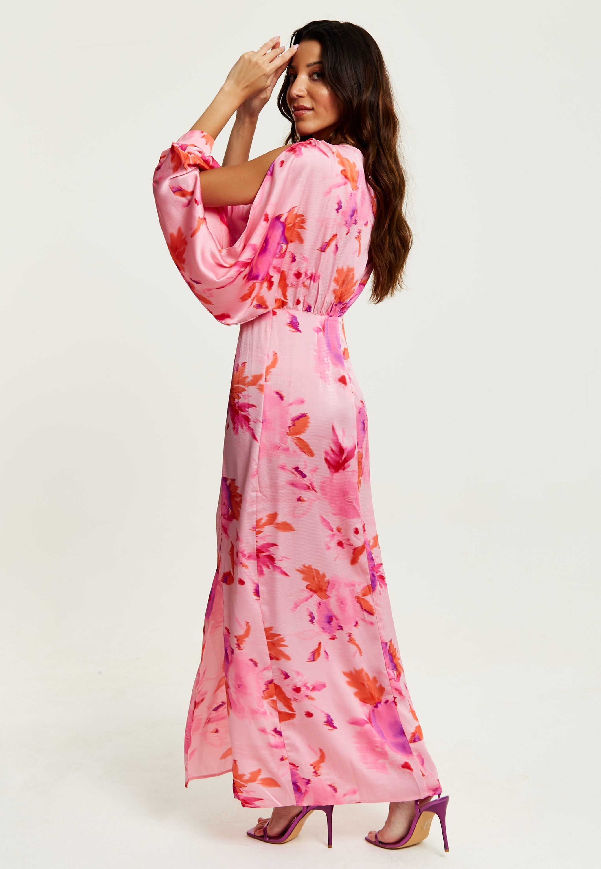 Women's Maxi Dress in Pink with Sleeve Slits and Floral Print, Elegant Design by Liquorish