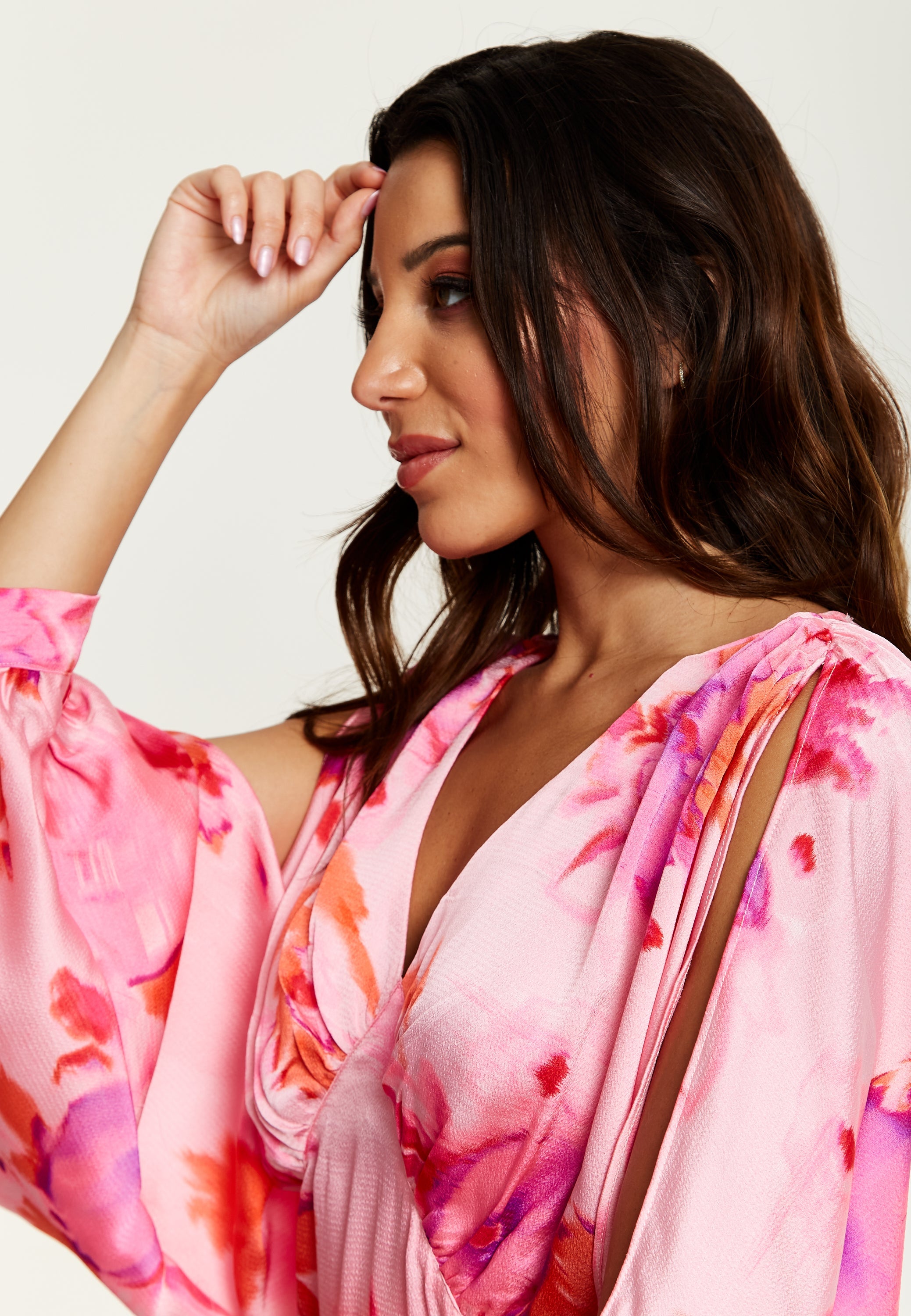 Women's Maxi Dress in Pink with Sleeve Slits and Floral Print, Elegant Design by Liquorish