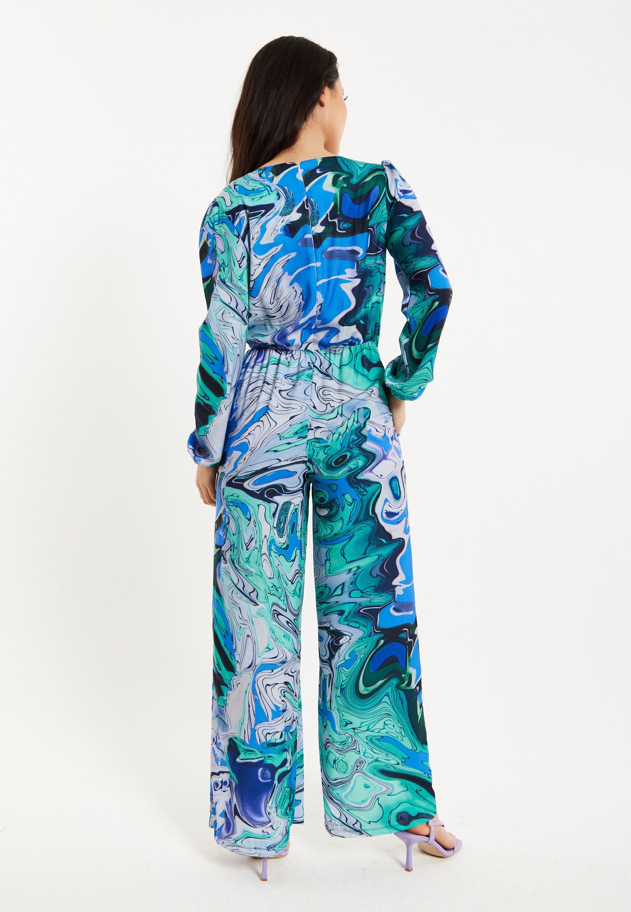 Women's V Neck Long Sleeve Turquoise Marble Print Jumpsuit with Pockets - Liquorish