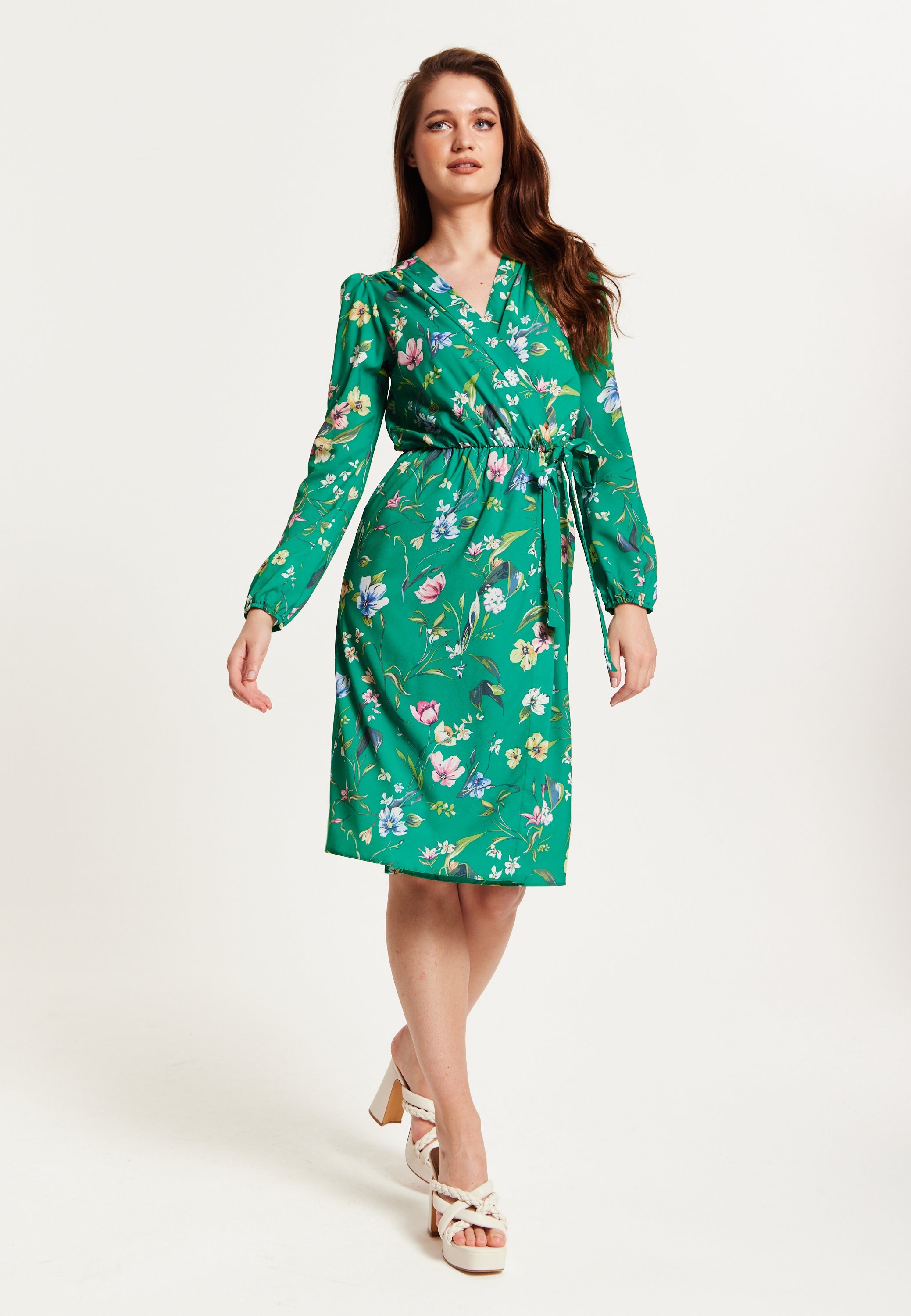 Women's Midi Wrap Dress in Green Floral Print with Long Sleeves - Chic Elegance by Liquorish
