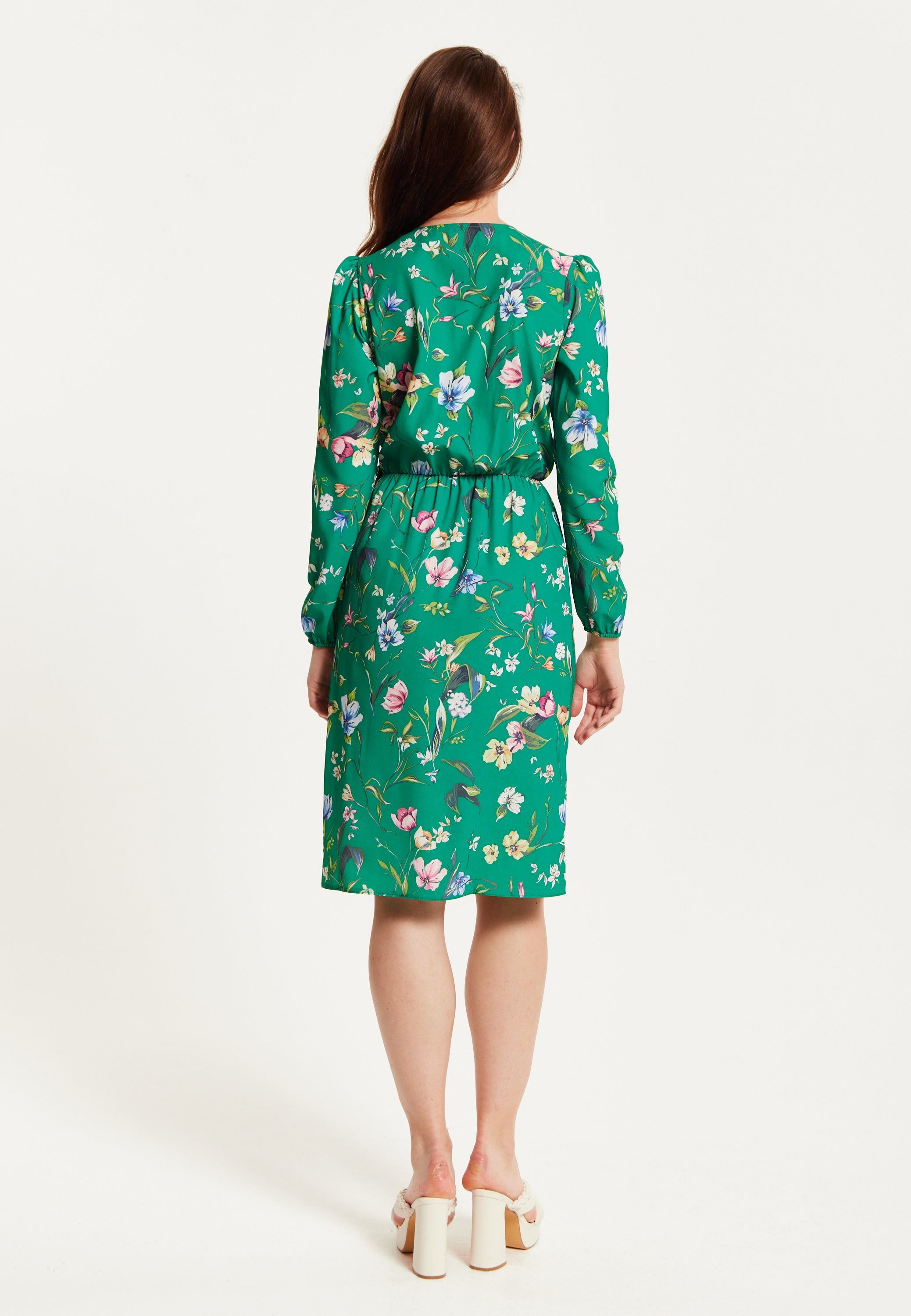 Women's Midi Wrap Dress in Green Floral Print with Long Sleeves - Chic Elegance by Liquorish