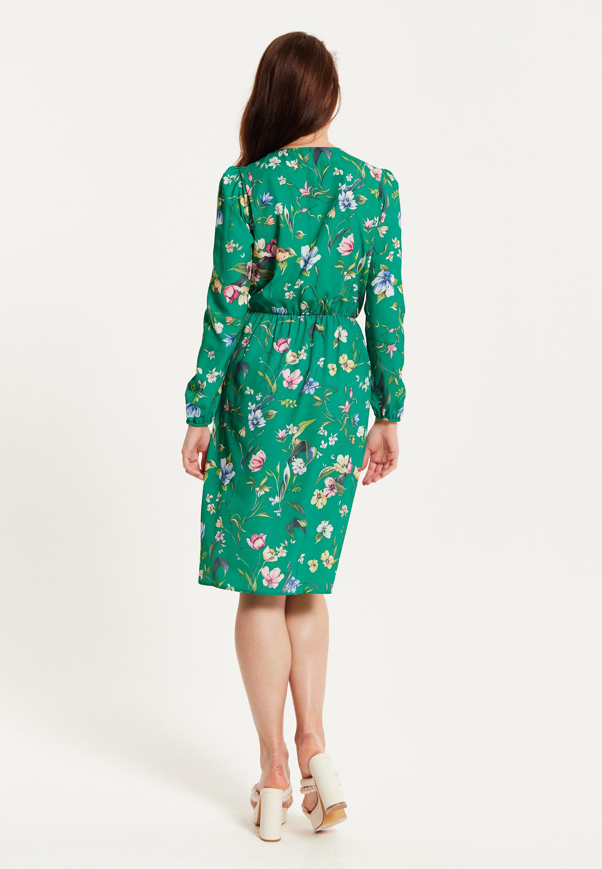 Women's Midi Wrap Dress in Green Floral Print with Long Sleeves - Chic Elegance by Liquorish