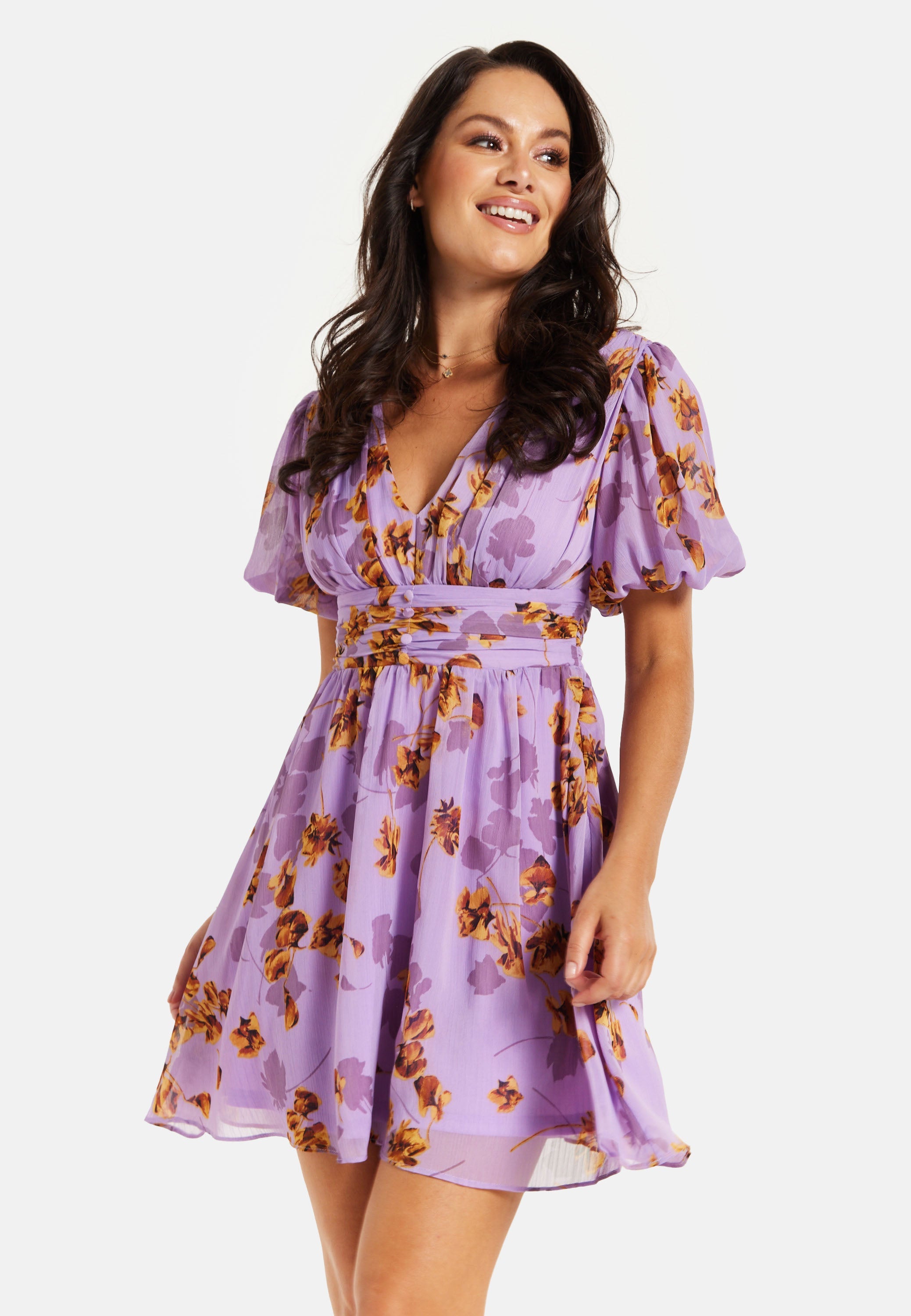 Women's Mini Dress in Purple Floral with Short Sleeves and Deep V Neck - Stylish Button Waistband by Liquorish