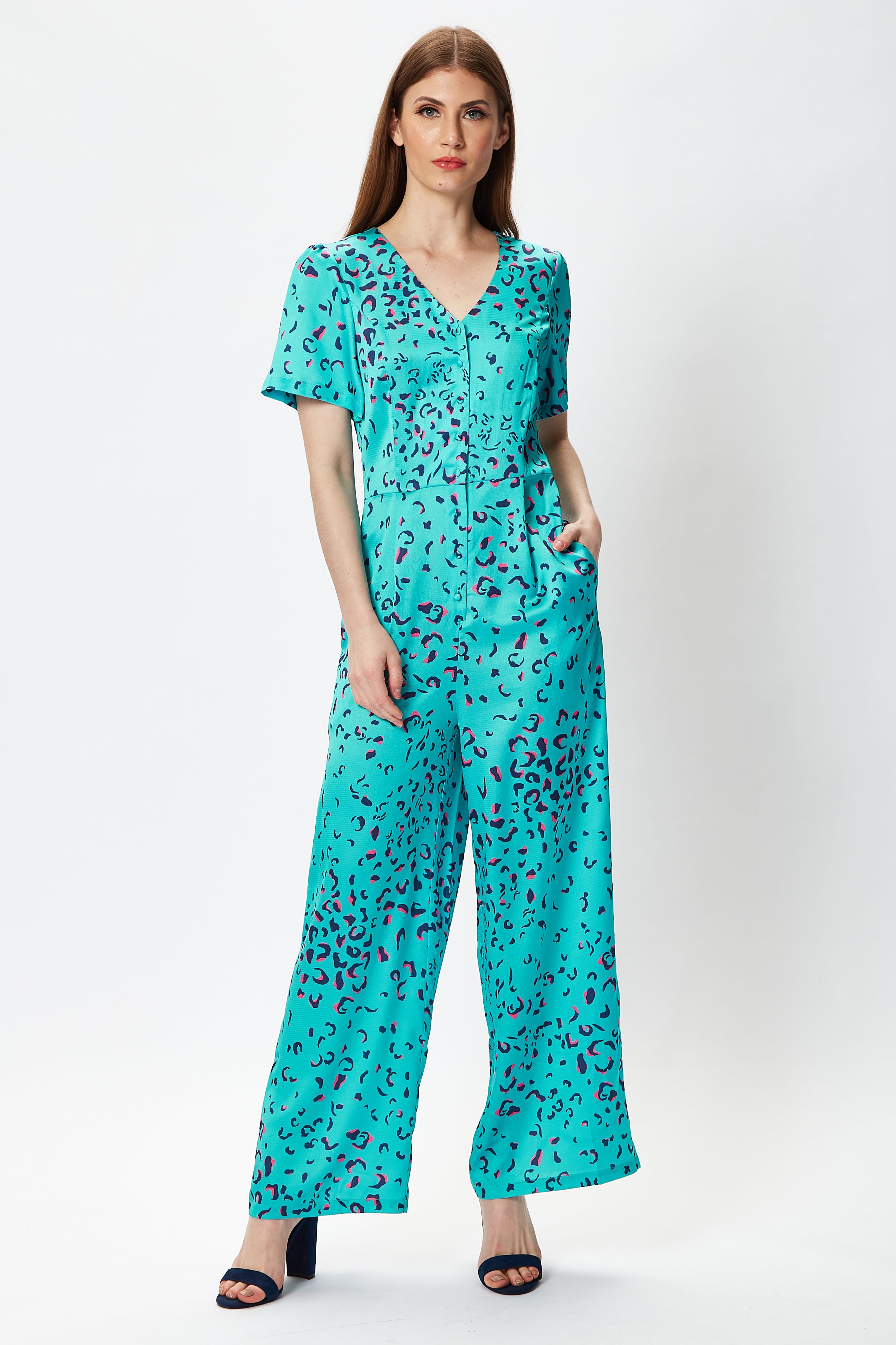 Women's Jumpsuit in Blue Animal Print with Short Sleeves, V Neck, and Wide Legs by Liquorish