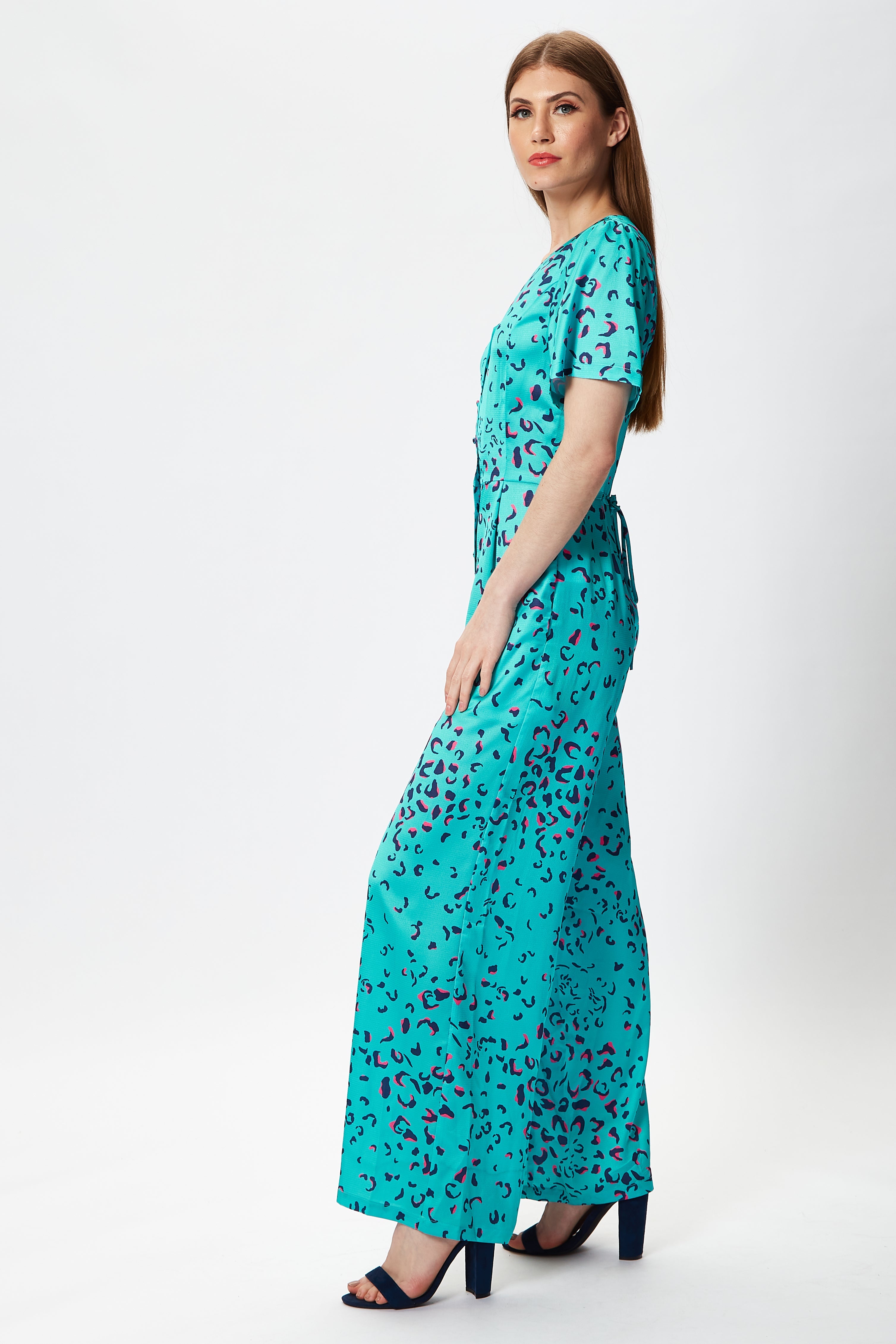 Women's Jumpsuit in Blue Animal Print with Short Sleeves, V Neck, and Wide Legs by Liquorish