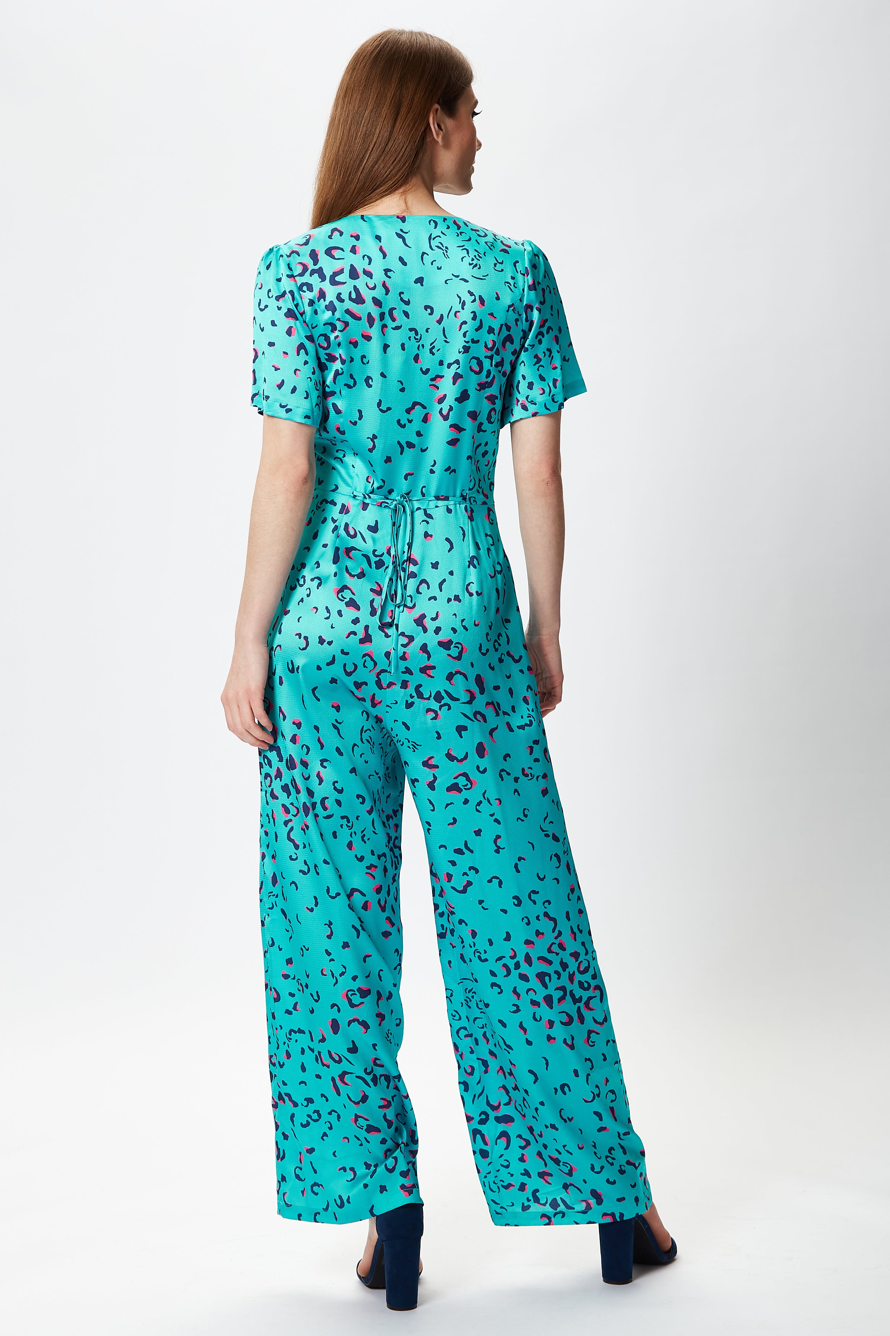 Women's Jumpsuit in Blue Animal Print with Short Sleeves, V Neck, and Wide Legs by Liquorish