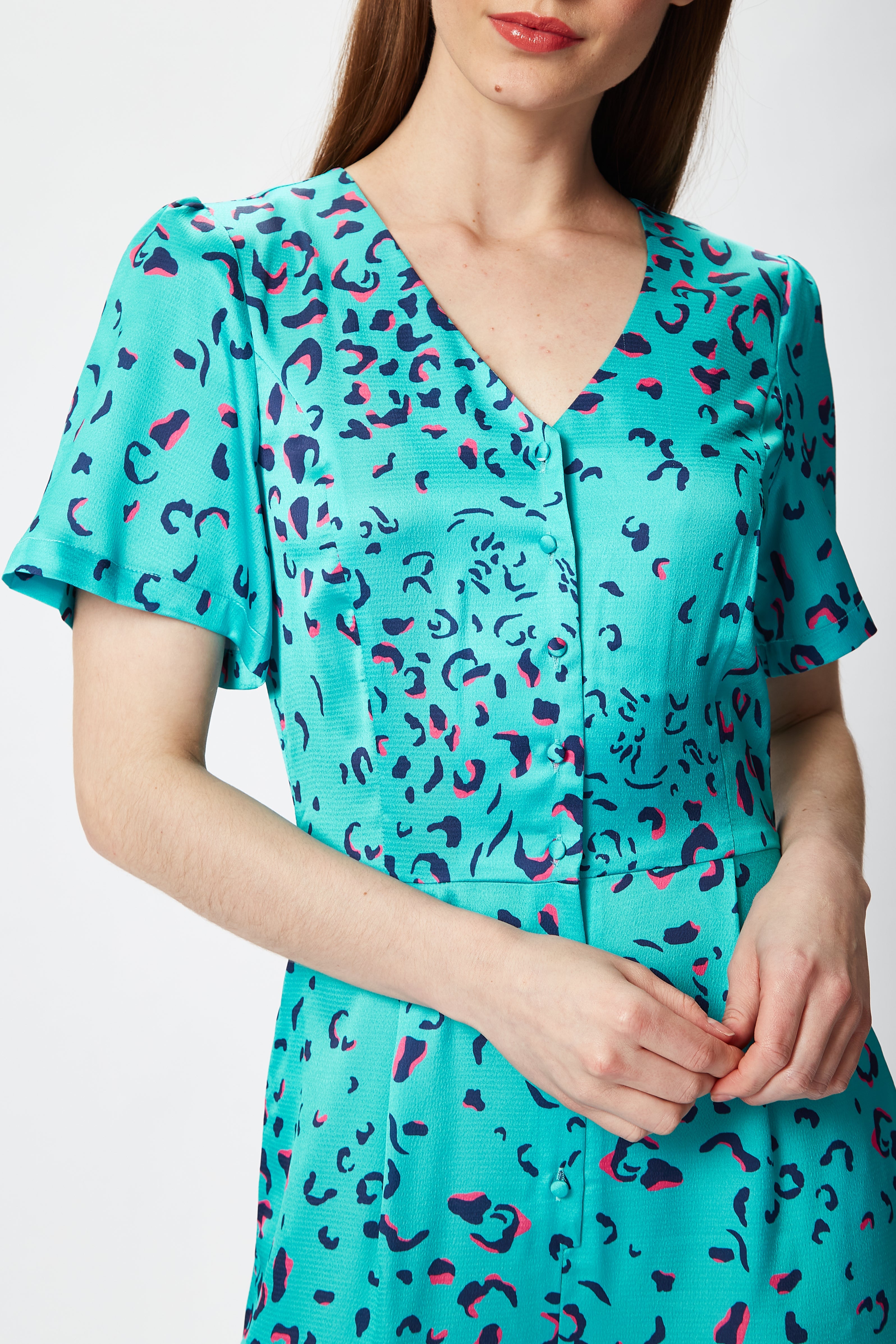 Women's Jumpsuit in Blue Animal Print with Short Sleeves, V Neck, and Wide Legs by Liquorish