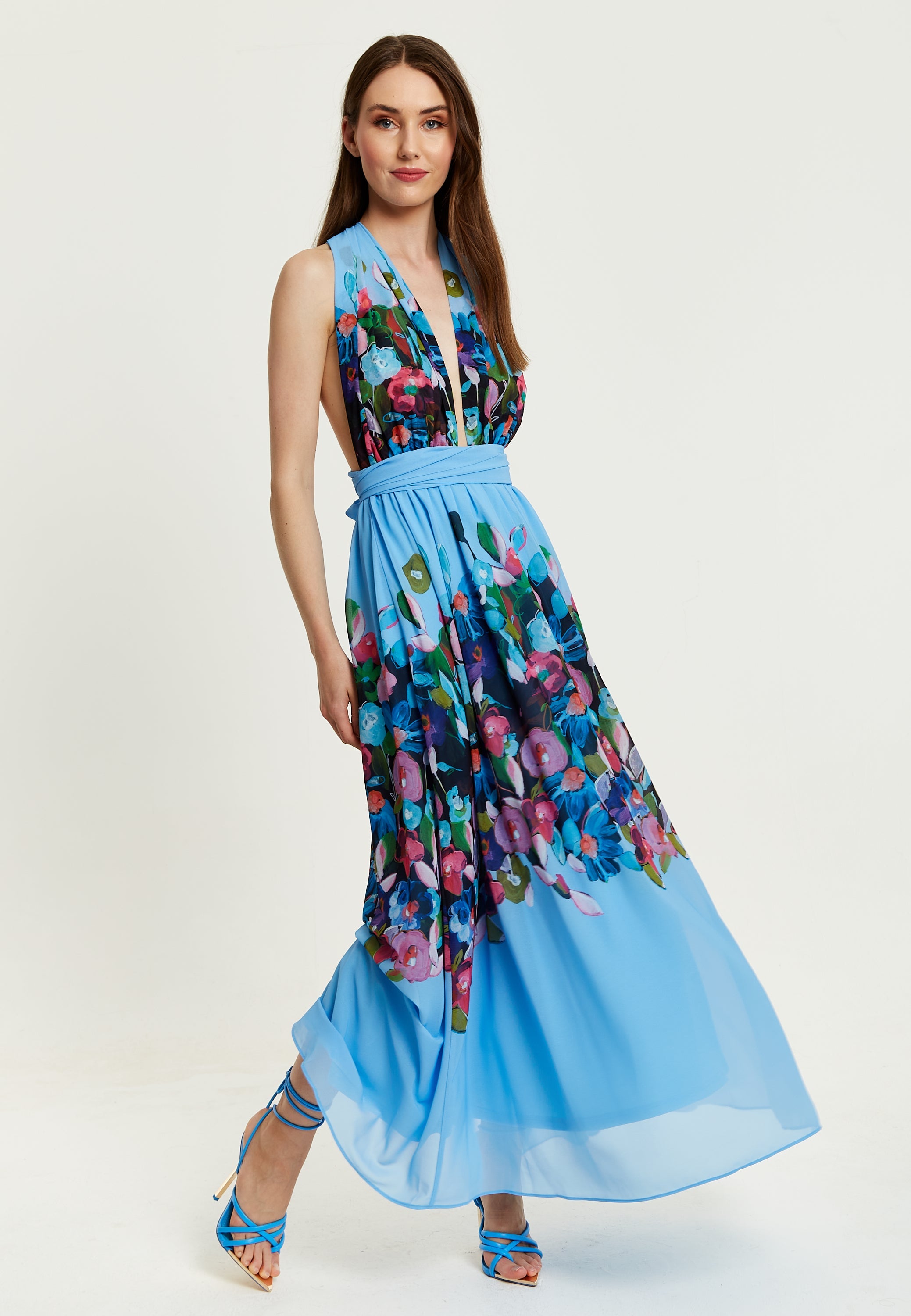 Women’s Maxi Dress in Blue with Sleeveless Design and Deep V Neck - Liquorish