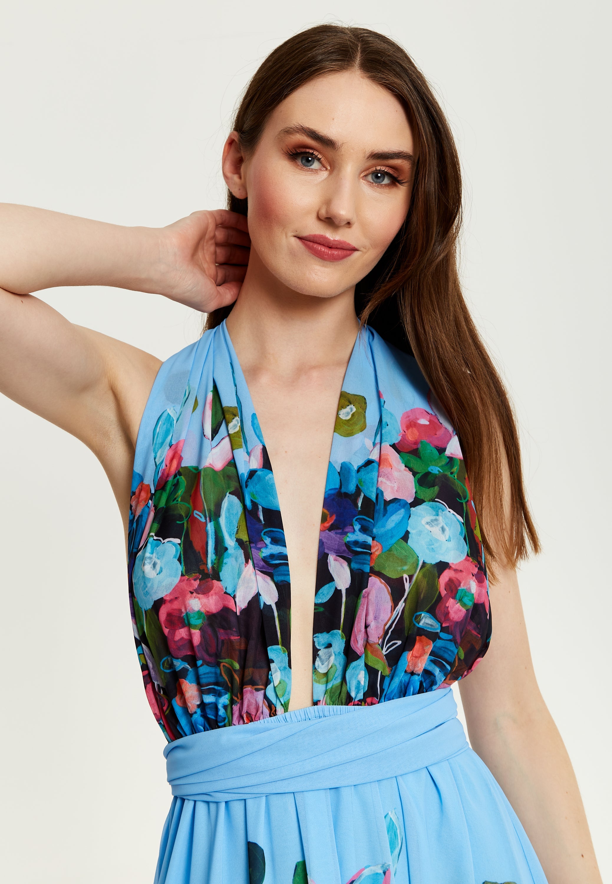 Women’s Maxi Dress in Blue with Sleeveless Design and Deep V Neck - Liquorish