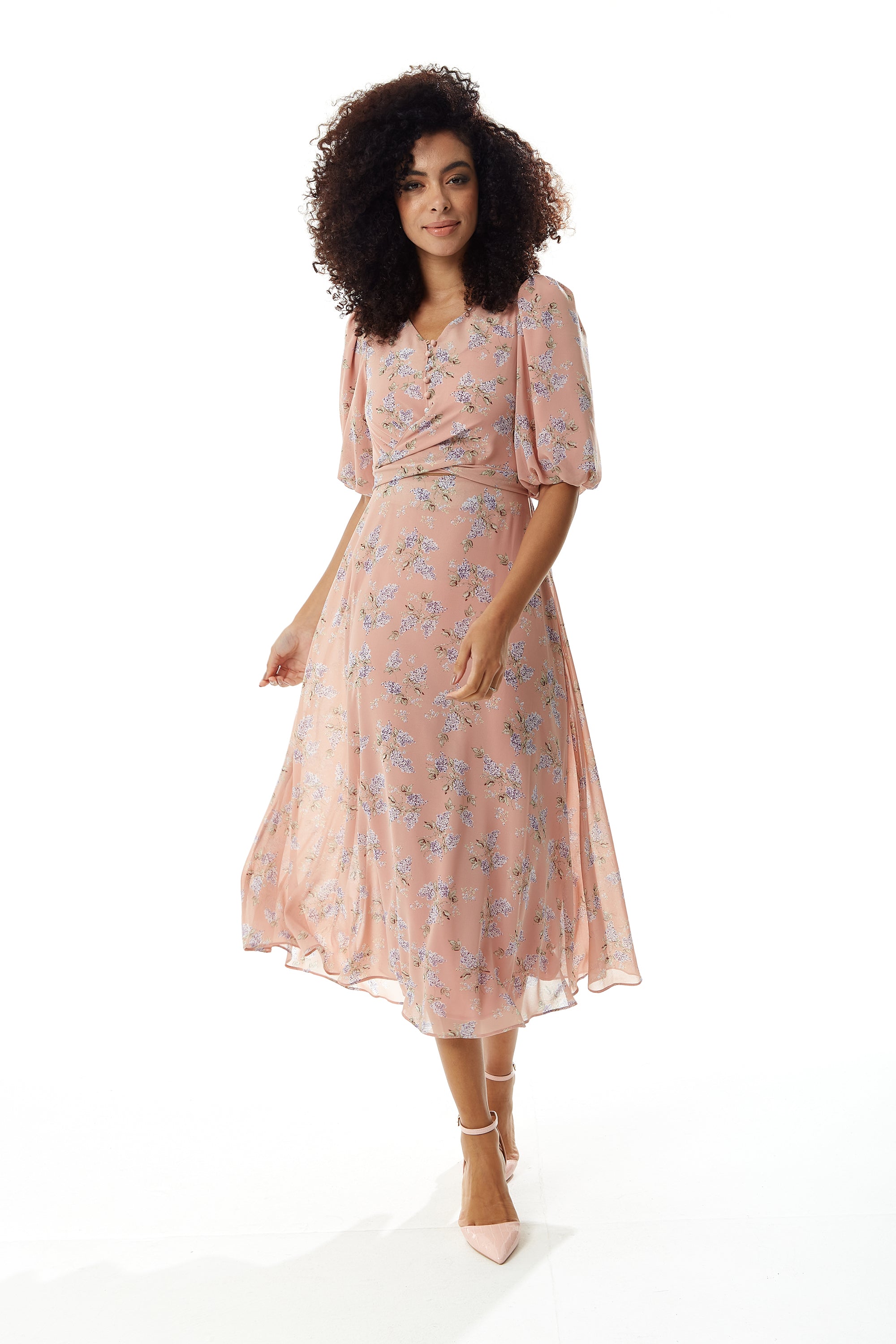 Women’s Midi Dress in Pink with Short Sleeves and Tie Waist - Floral Print by Liquorish