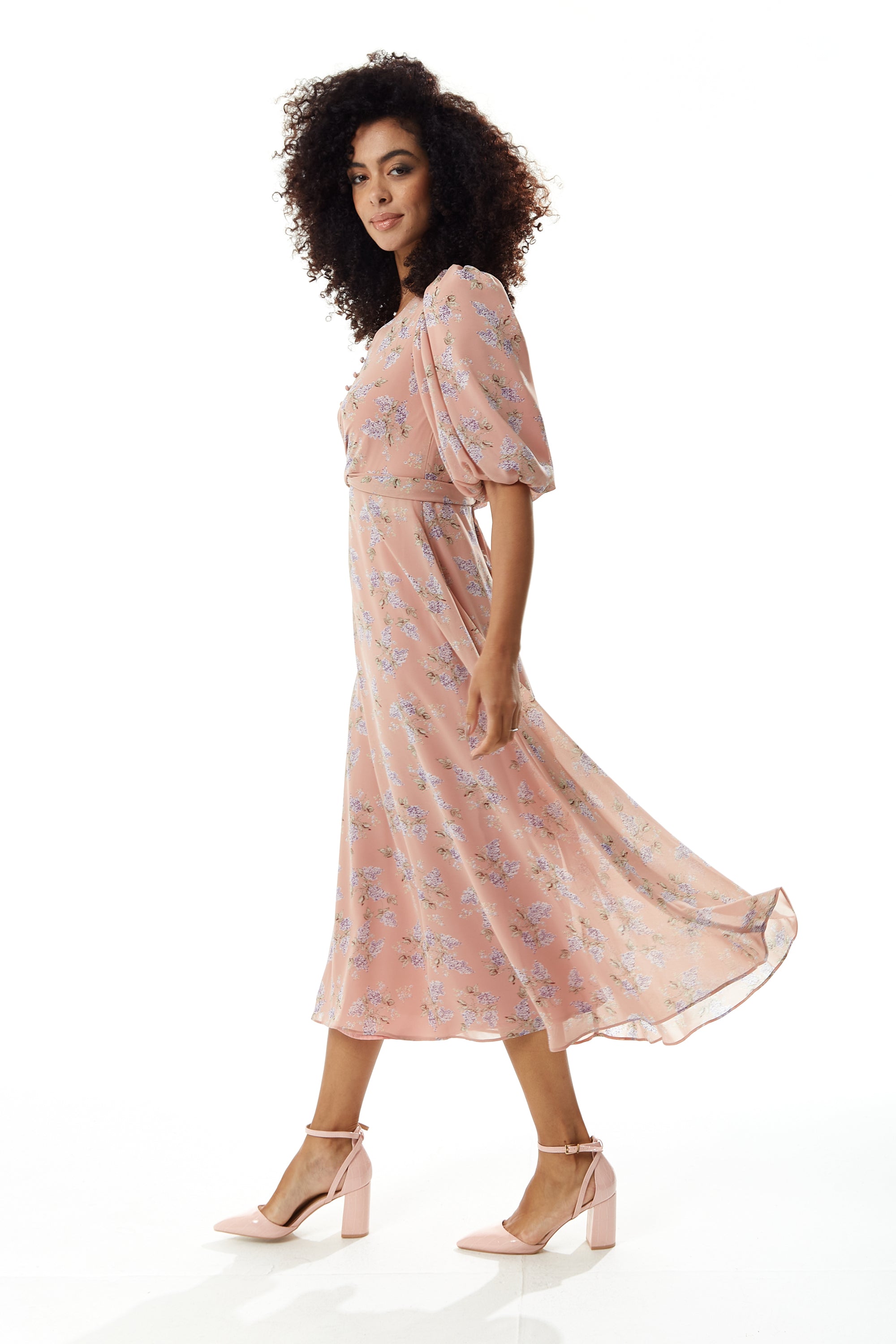 Women’s Midi Dress in Pink with Short Sleeves and Tie Waist - Floral Print by Liquorish