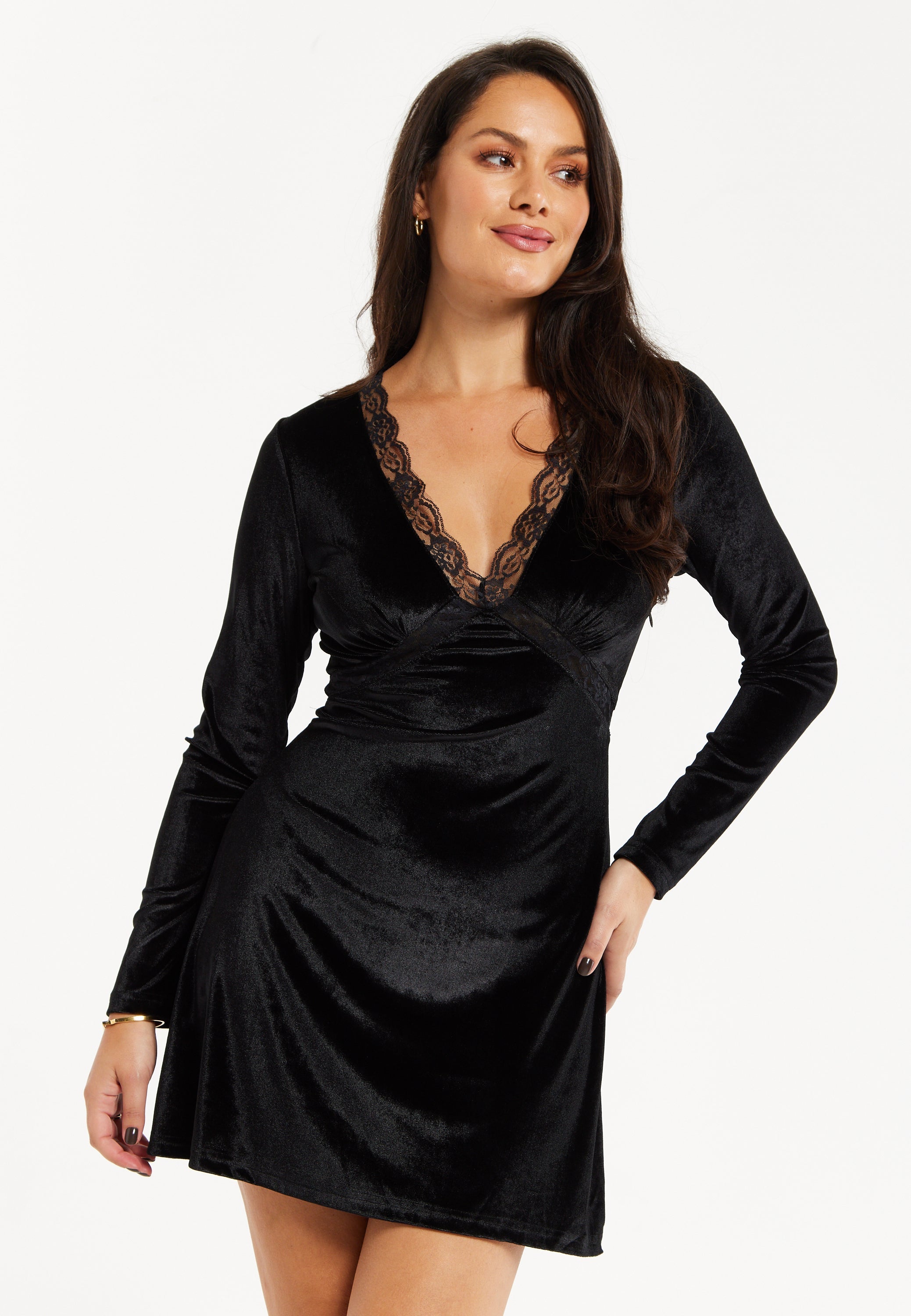 Women's Mini Dress in Black Velvet with Long Sleeves and Lace Details - Regular Fit by Liquorish