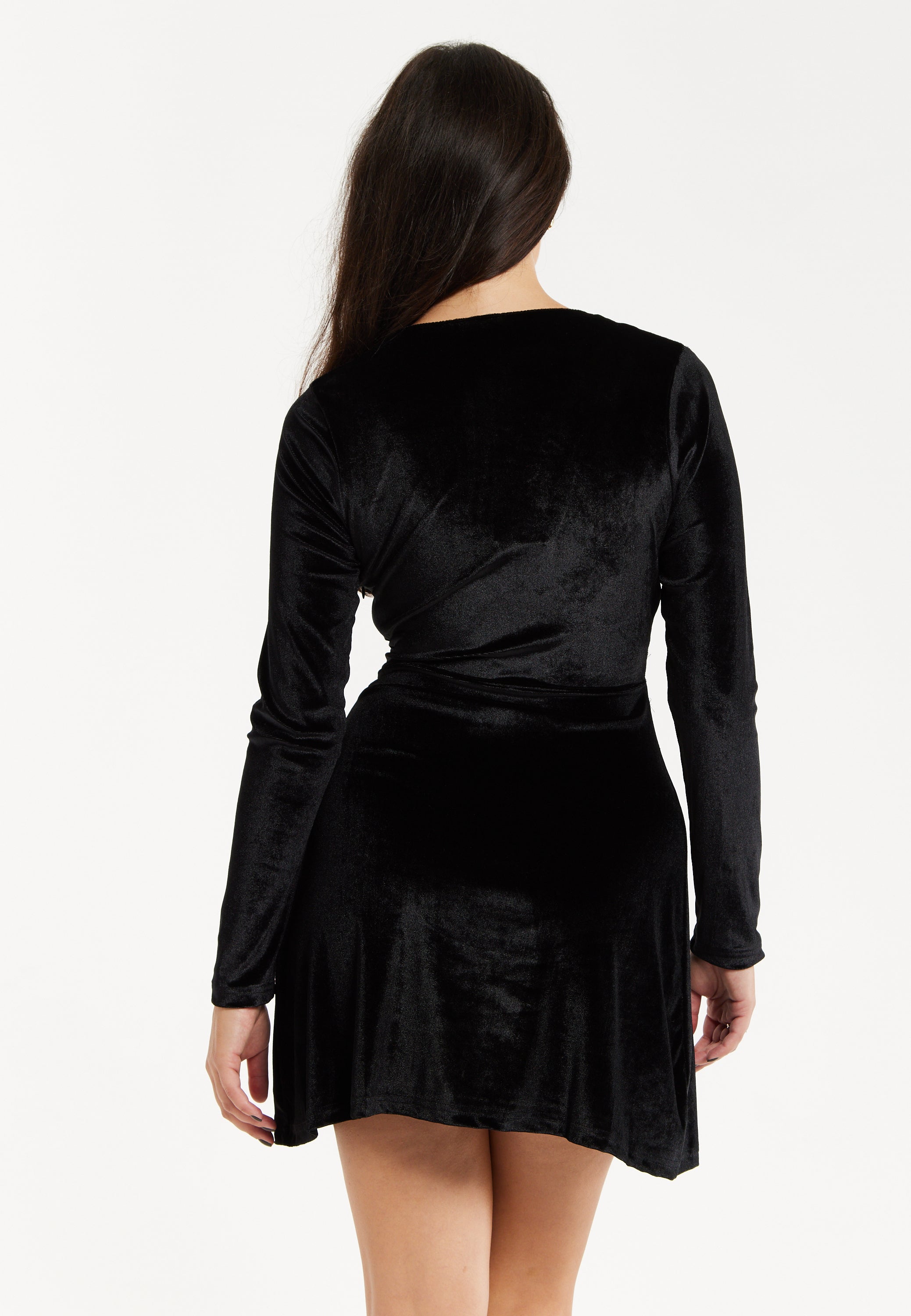 Women's Mini Dress in Black Velvet with Long Sleeves and Lace Details - Regular Fit by Liquorish