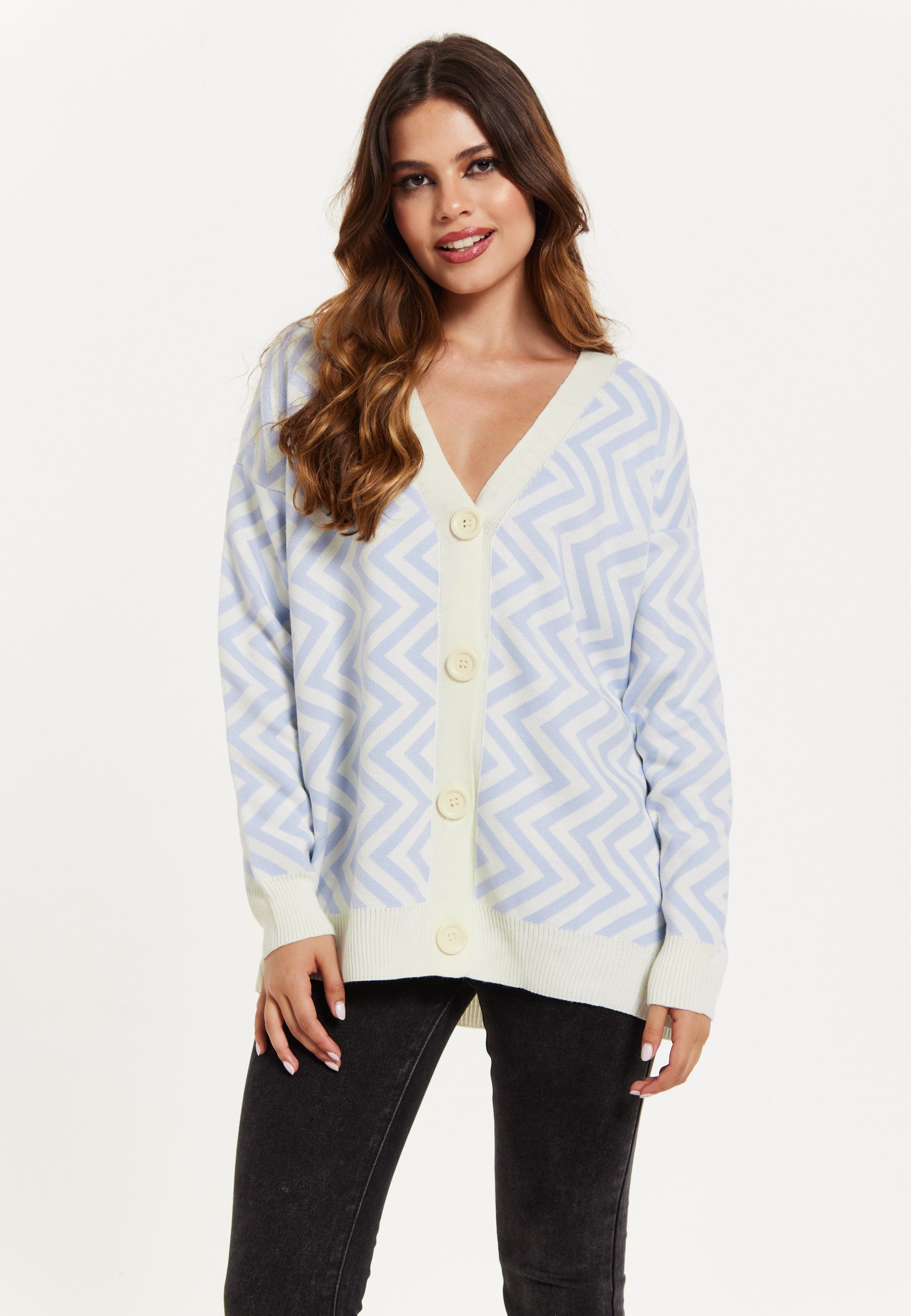 Women's Cardigan Blue & White Zig Zag Pattern with Button Closure for Cozy Layering by Liquorish