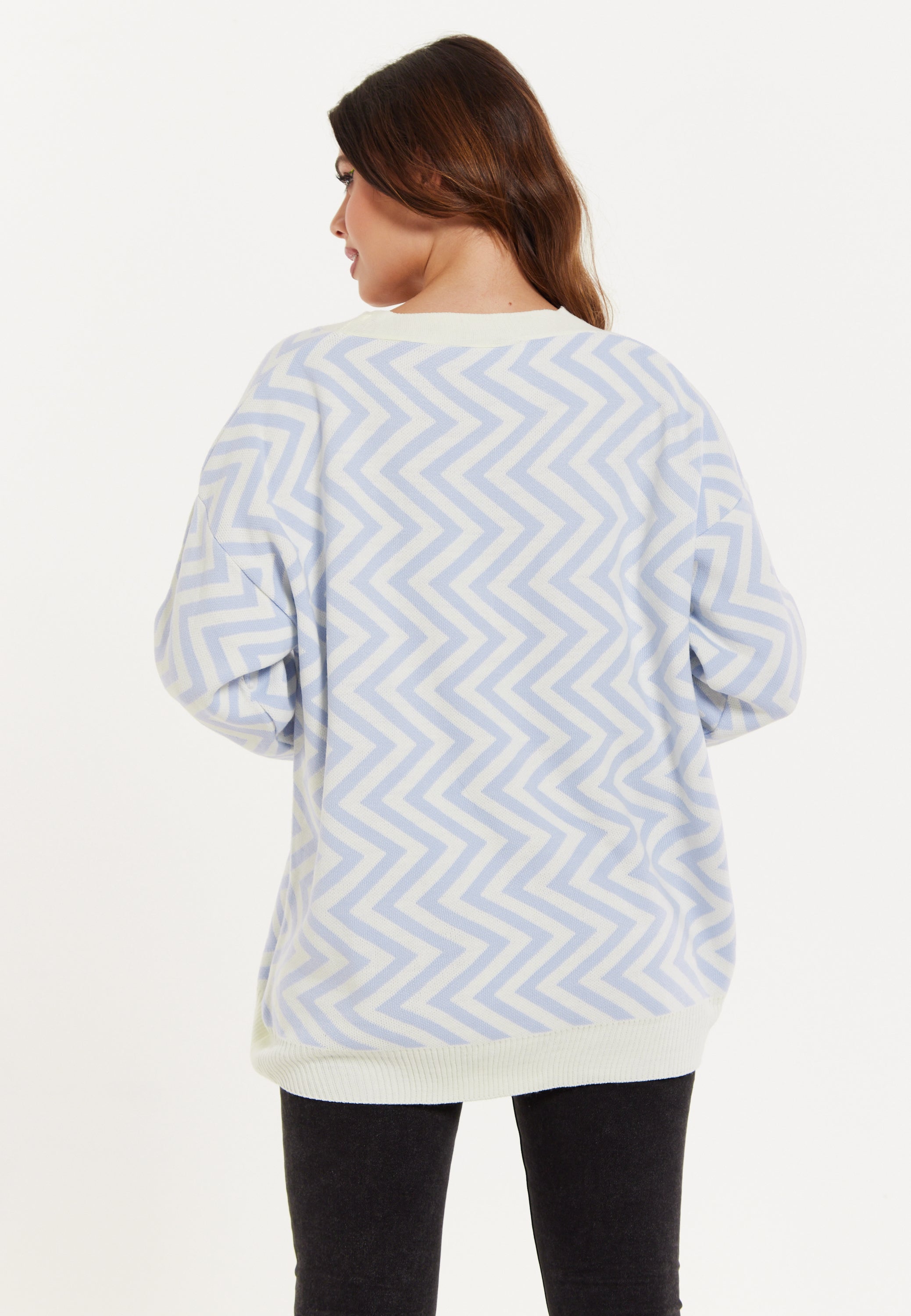 Women's Cardigan Blue & White Zig Zag Pattern with Button Closure for Cozy Layering by Liquorish