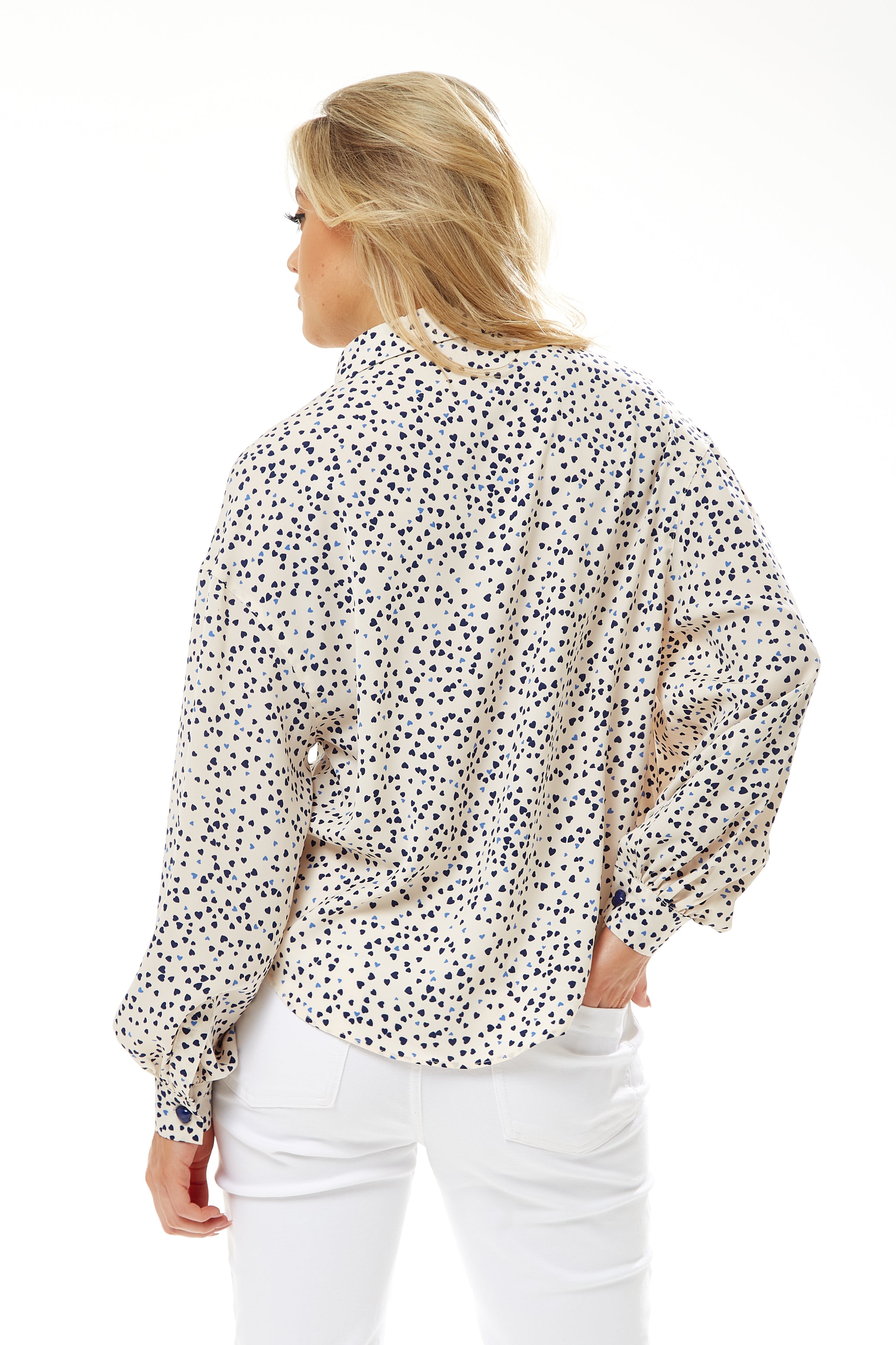 Women's Heart Print Shirt in Cream - Navy hearts, button-up front, heart-shaped buttons, collar, long sleeves, regular fit.
