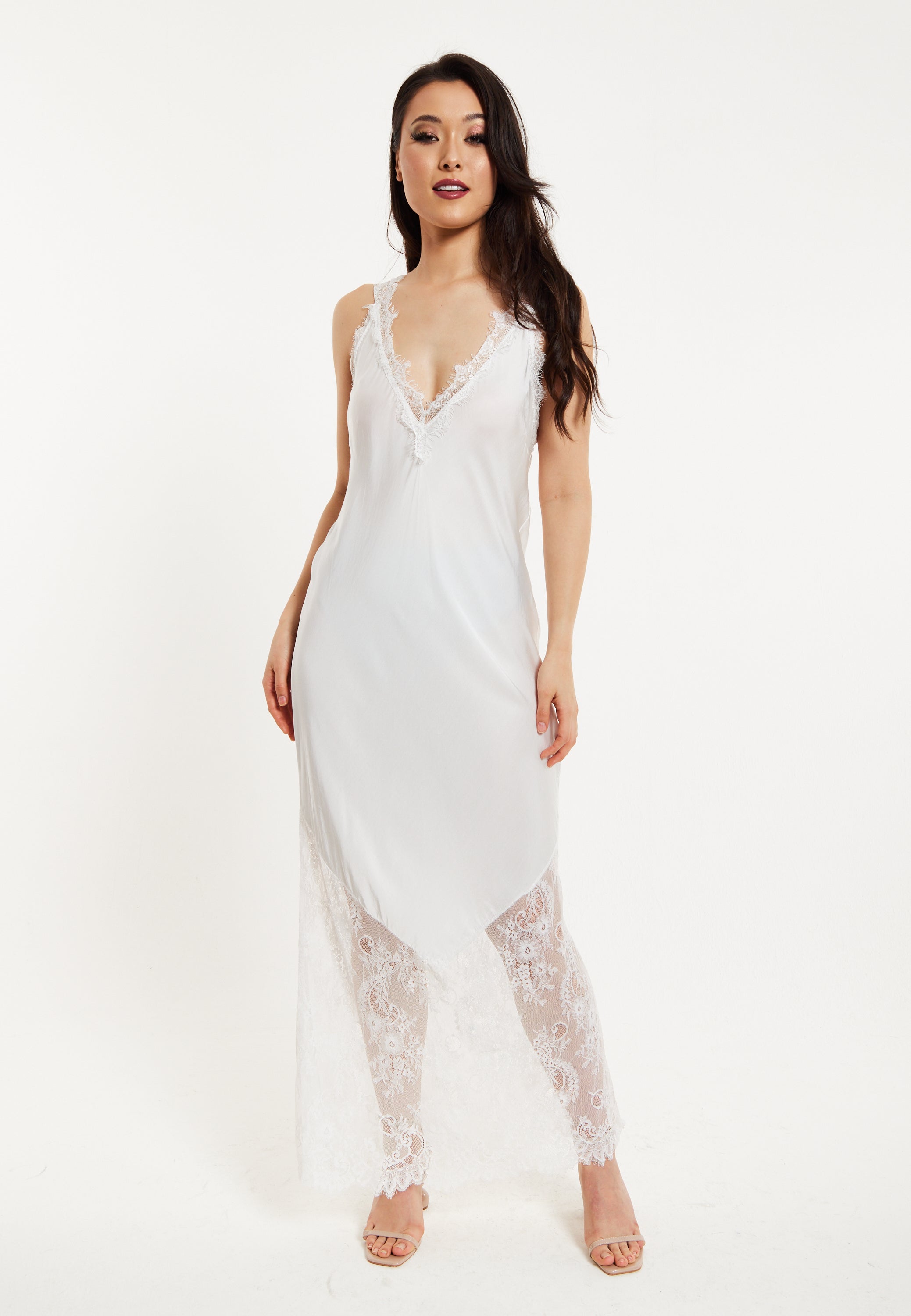 Women's Maxi Dress with Lace Detail, Deep V-Neck, Flowing Sleeves in White - Liquorish