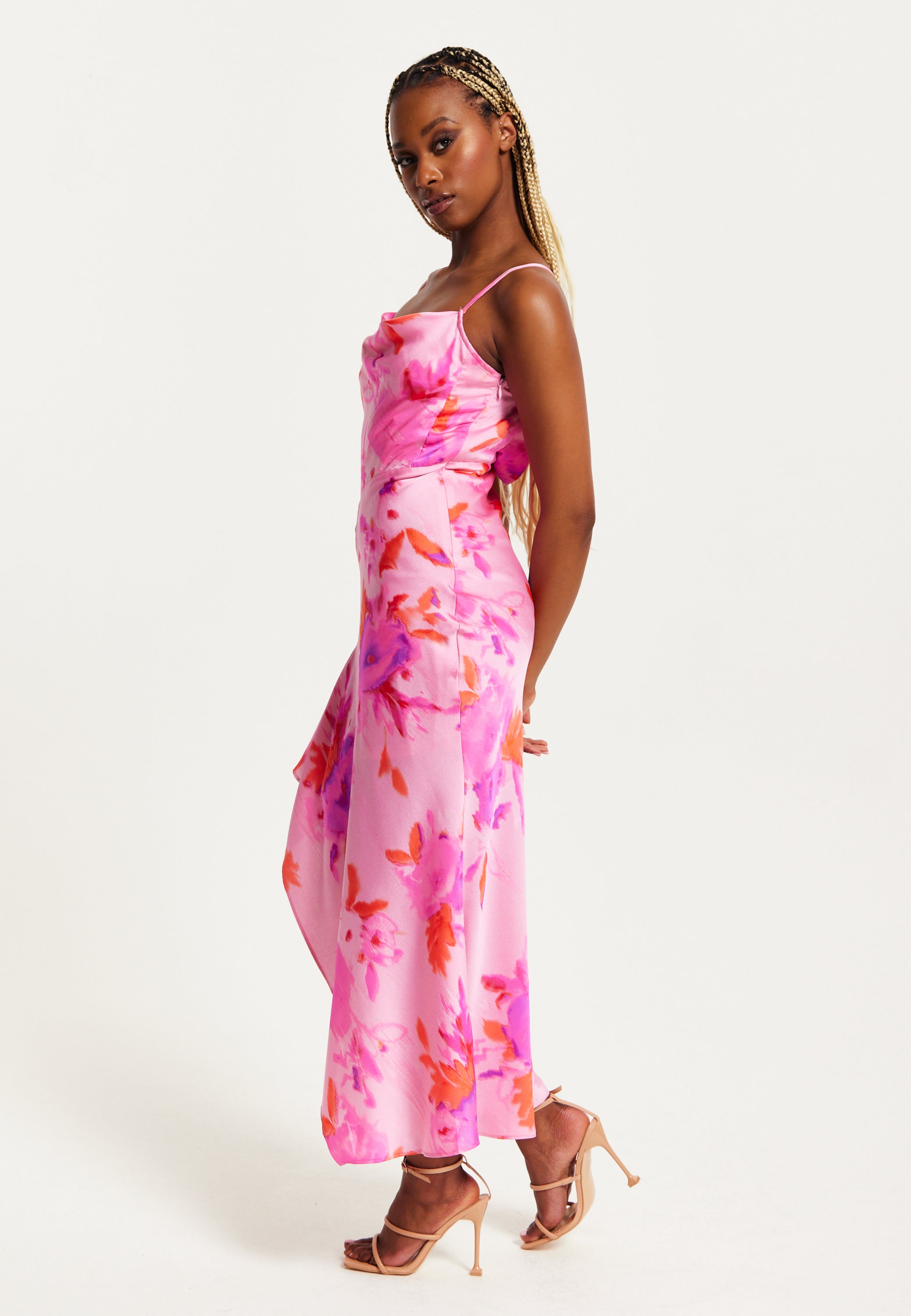 Women's Maxi Dress in Pink with Cowl Neck, Floral Print, Lace Detail, Front Slit, and Regular Fit by Liquorish
