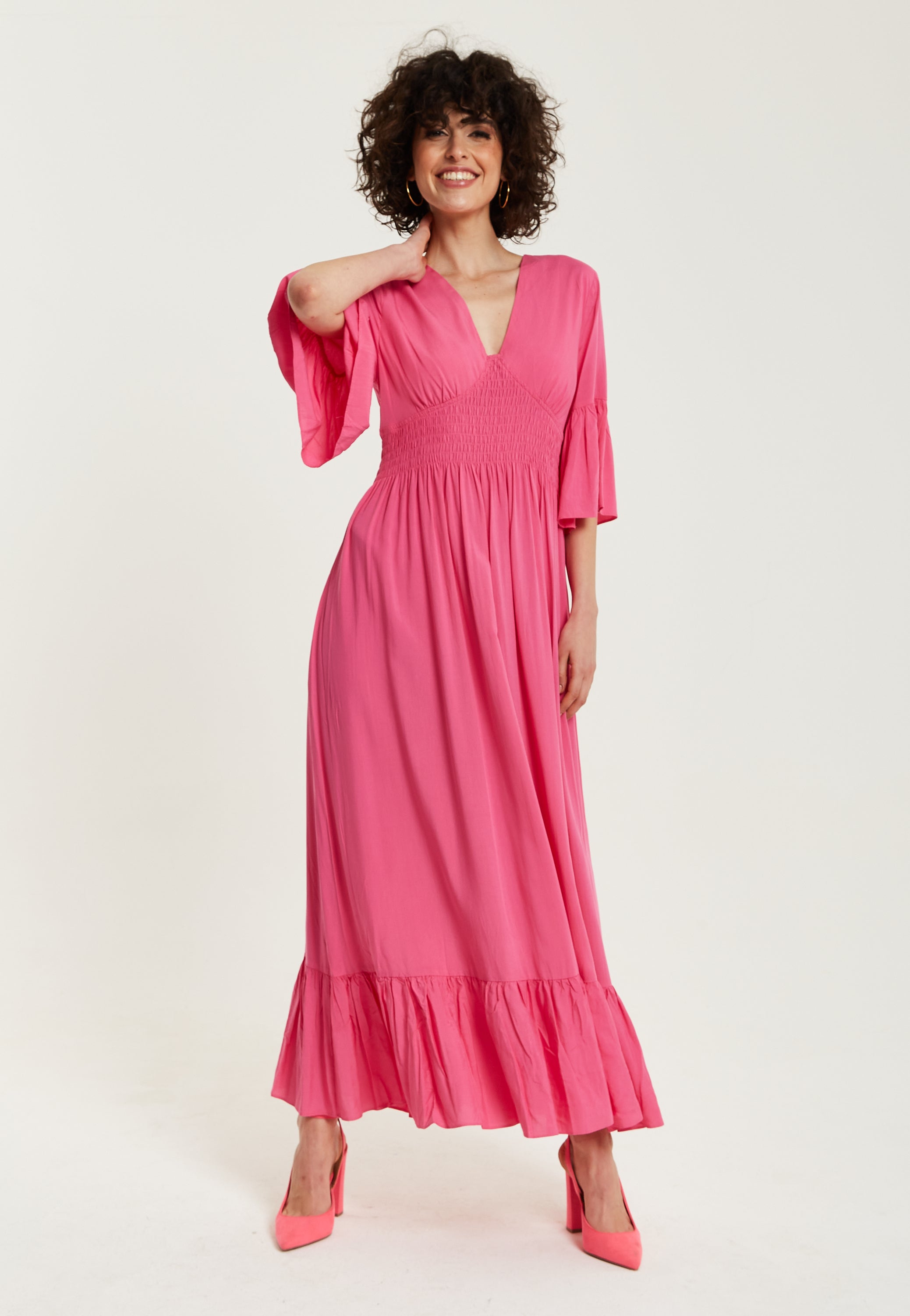 Women's Maxi Dress in Chic Pink with Frill Short Sleeves for Comfort and Style - Liquorish