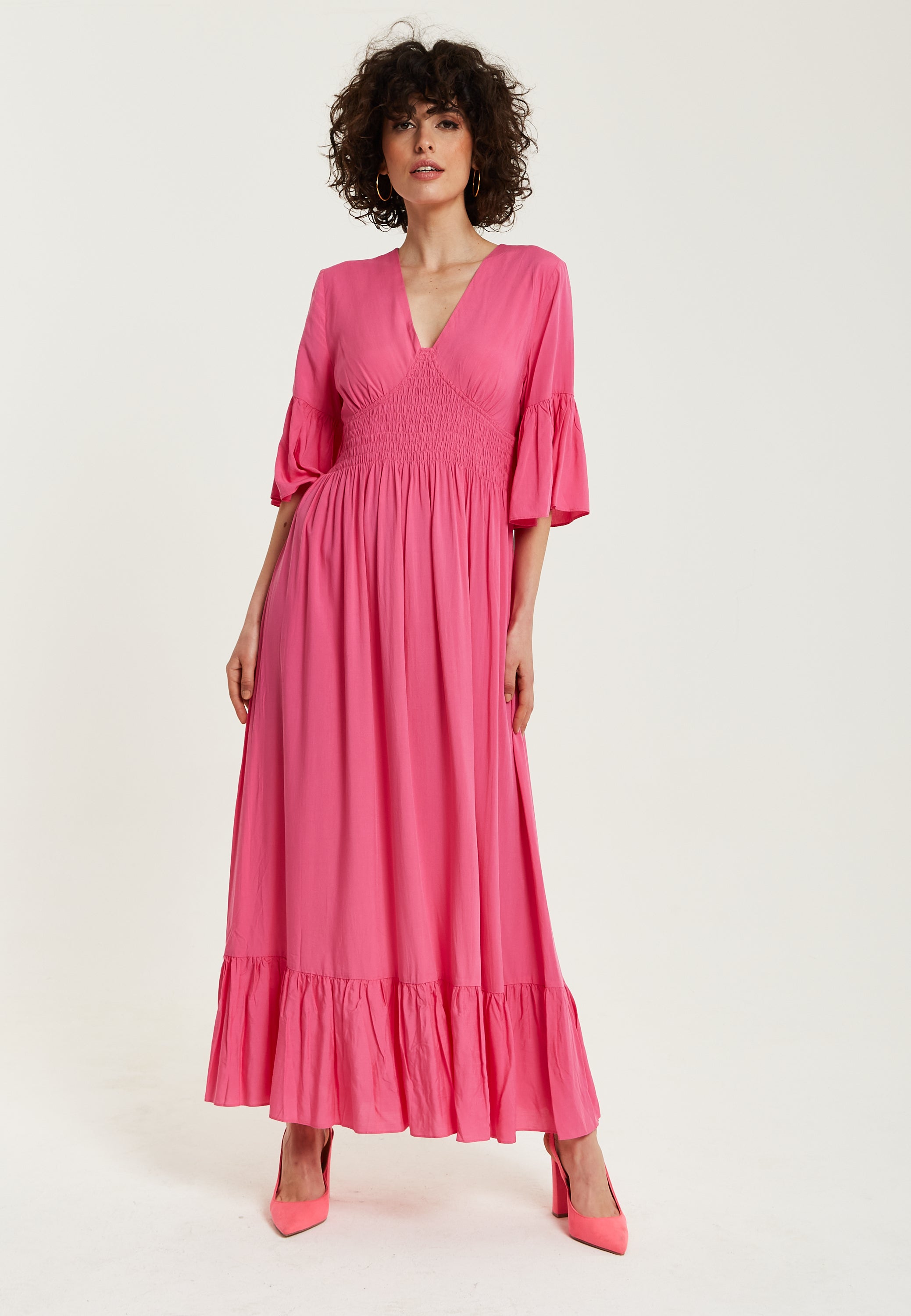 Women's Maxi Dress in Chic Pink with Frill Short Sleeves for Comfort and Style - Liquorish