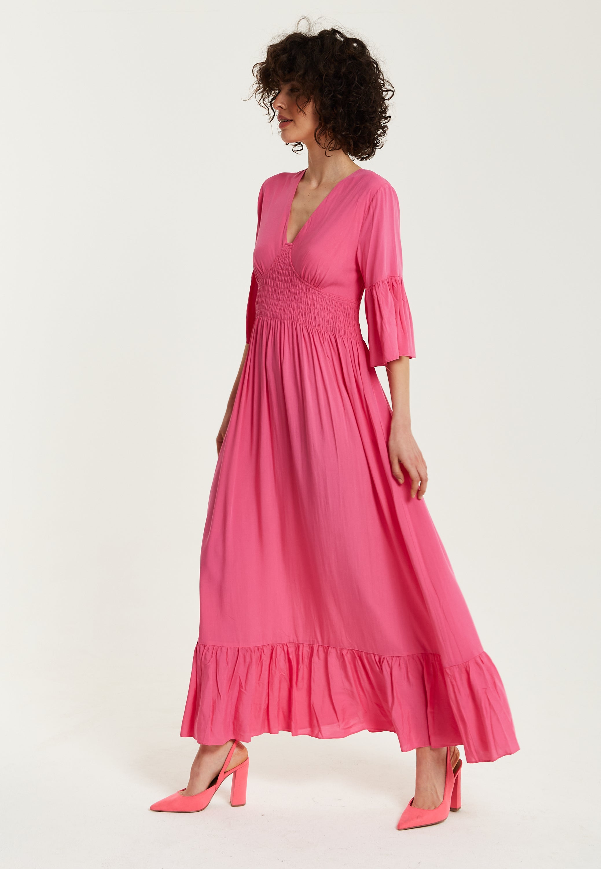 Women's Maxi Dress in Chic Pink with Frill Short Sleeves for Comfort and Style - Liquorish
