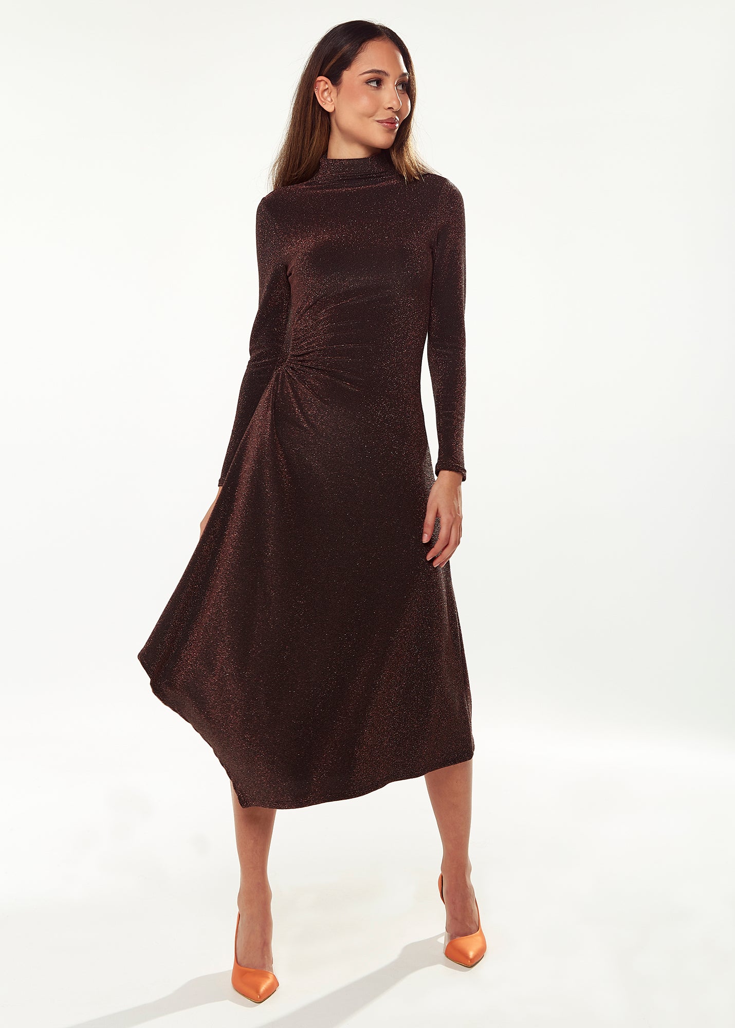 Women's Midi Dress with Long Sleeves in Sparkly Bronze - Exclusive Liquorish