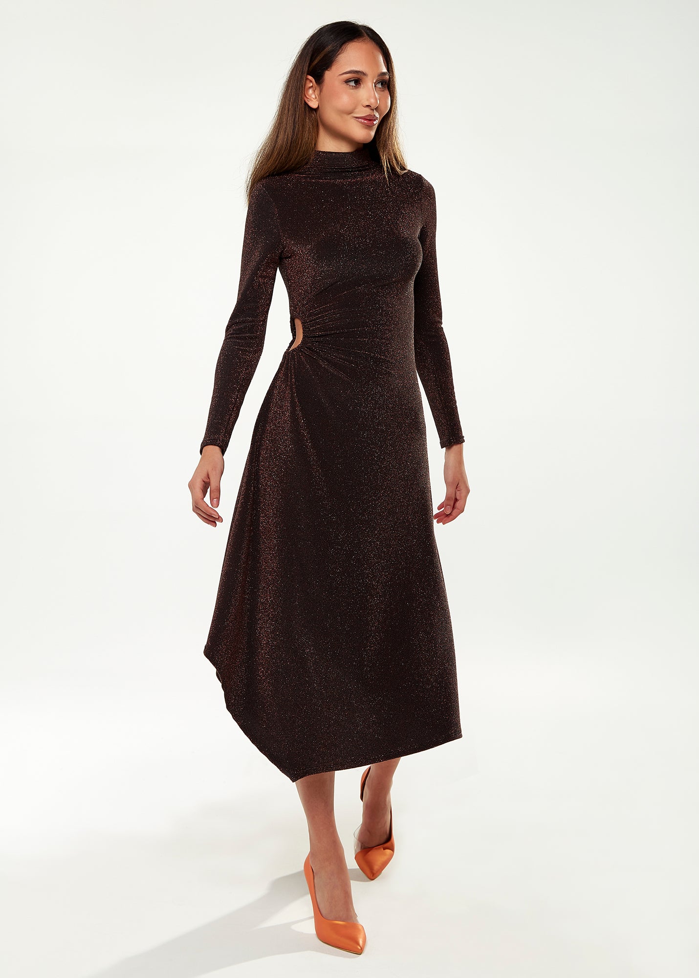 Women's Midi Dress with Long Sleeves in Sparkly Bronze - Exclusive Liquorish