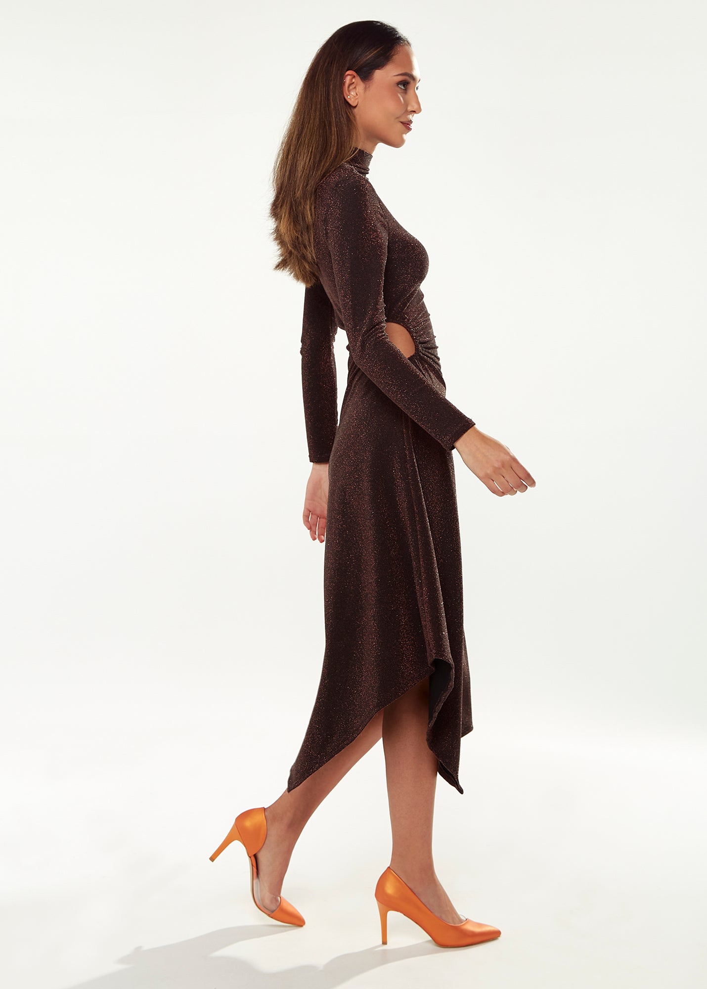 Women's Midi Dress with Long Sleeves in Sparkly Bronze - Exclusive Liquorish