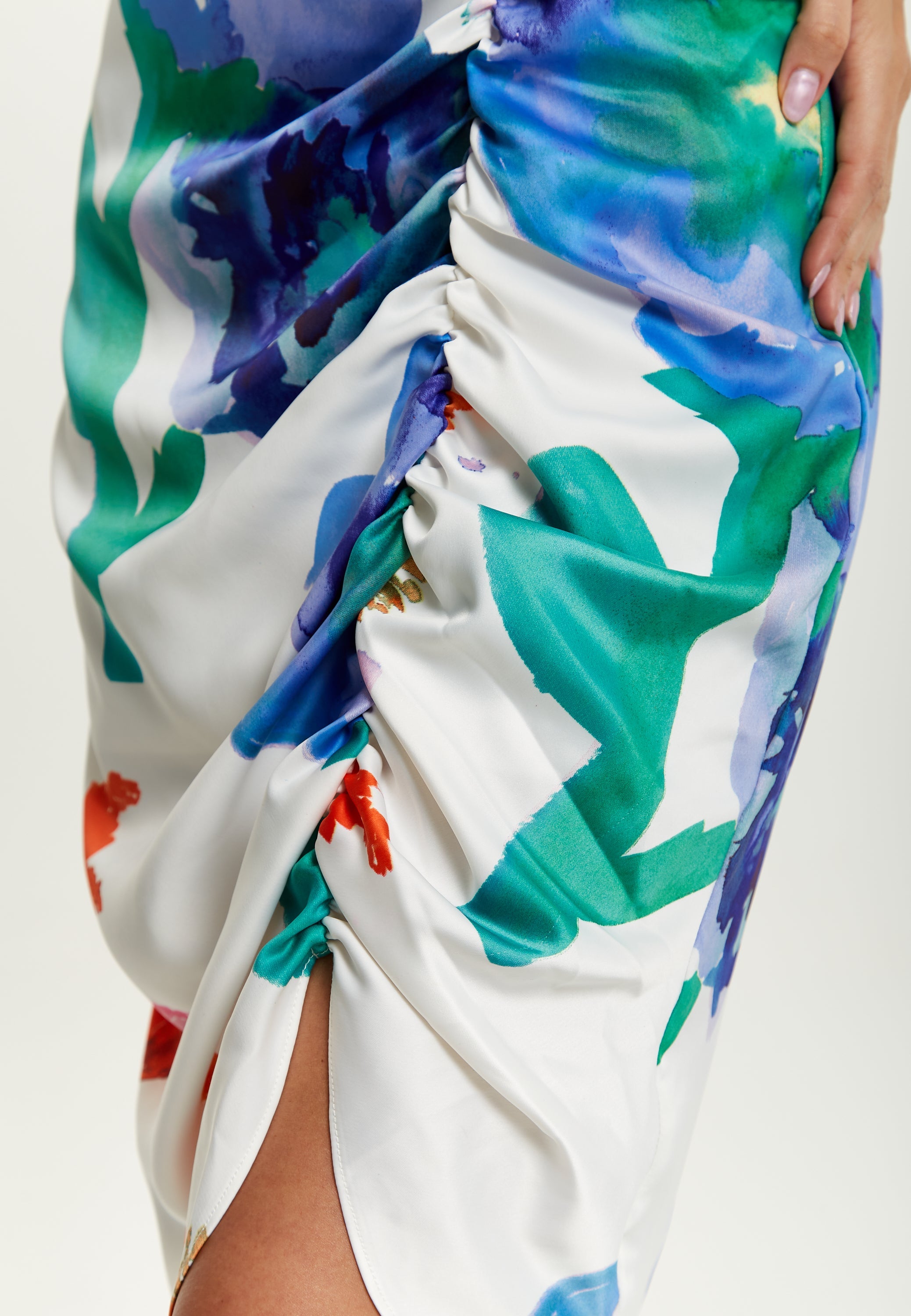 Women's Mini Dress in White with Floral Print, Ruched Front, Sleeveless Design - Liquorish