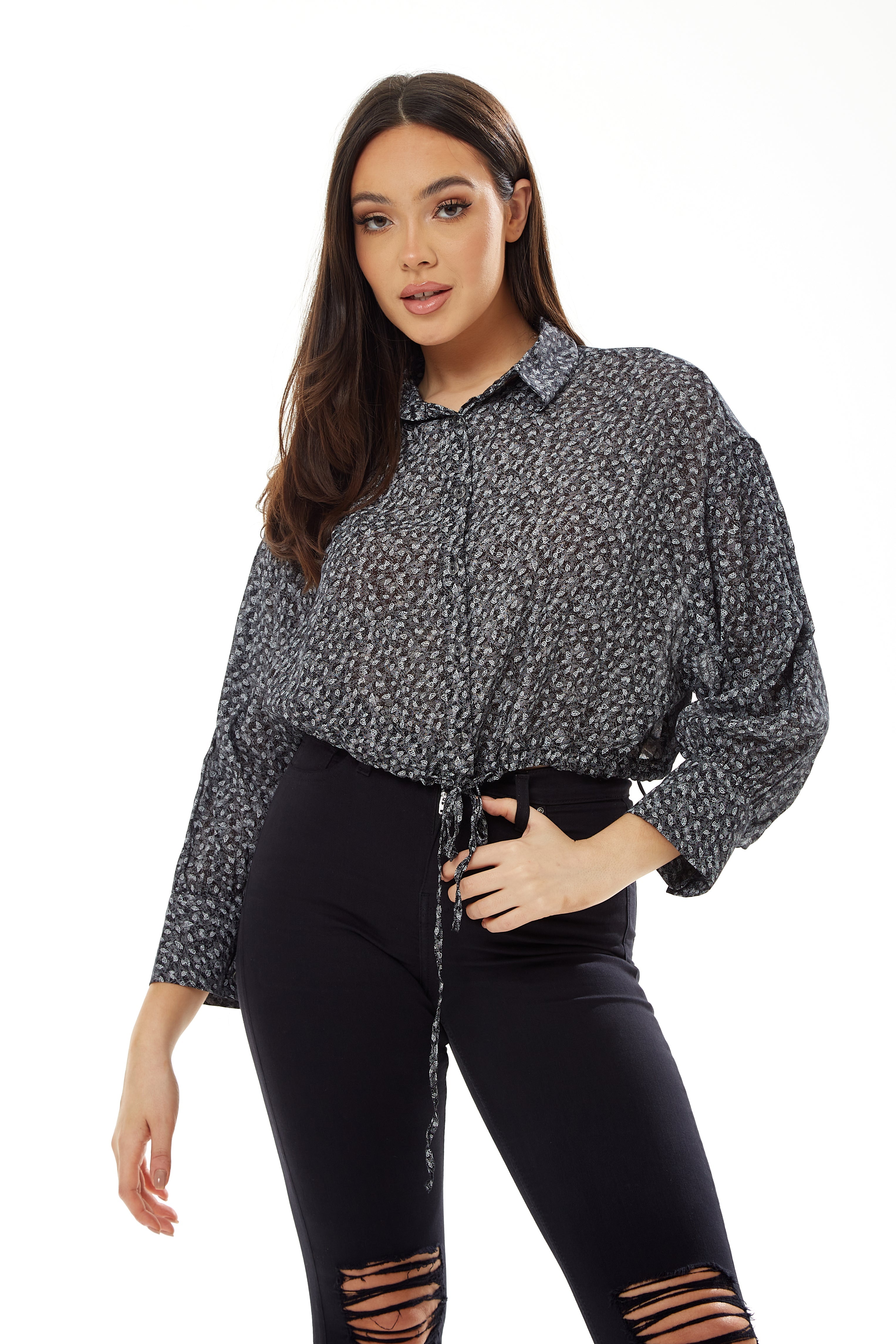 Women’s Painterly Print Crop Shirt in Grey - Long Sleeve, Cropped Style, Tie Waist