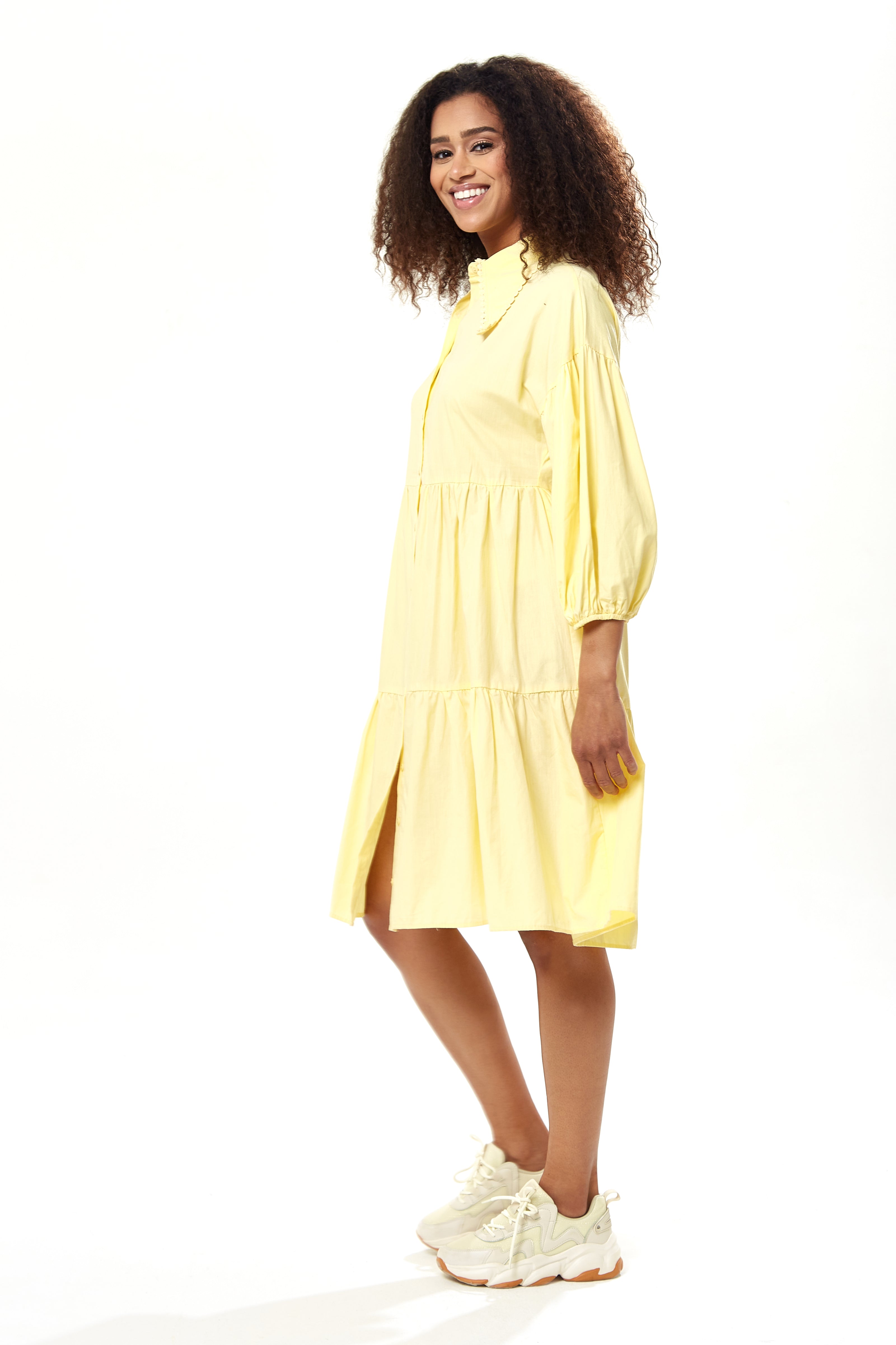 Women's Oversized Yellow Shirt Dress with 3/4 Sleeves, Button-Up Front, and Chic Collar Detail