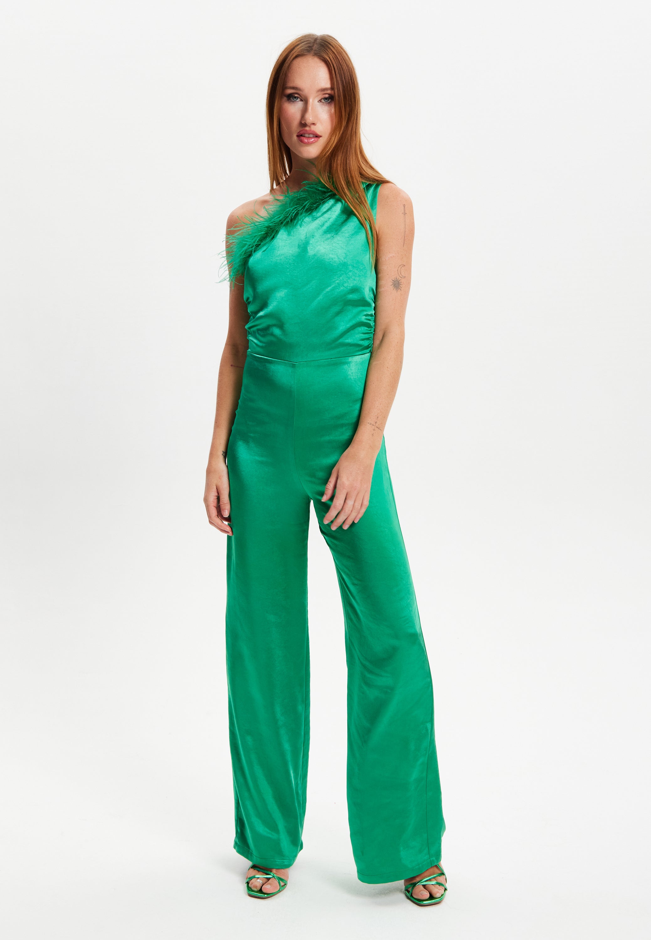 Women's Jumpsuit in Green - One Shoulder with Fur Detail, Ruched Bodice, Slim Fit, by Liquorish