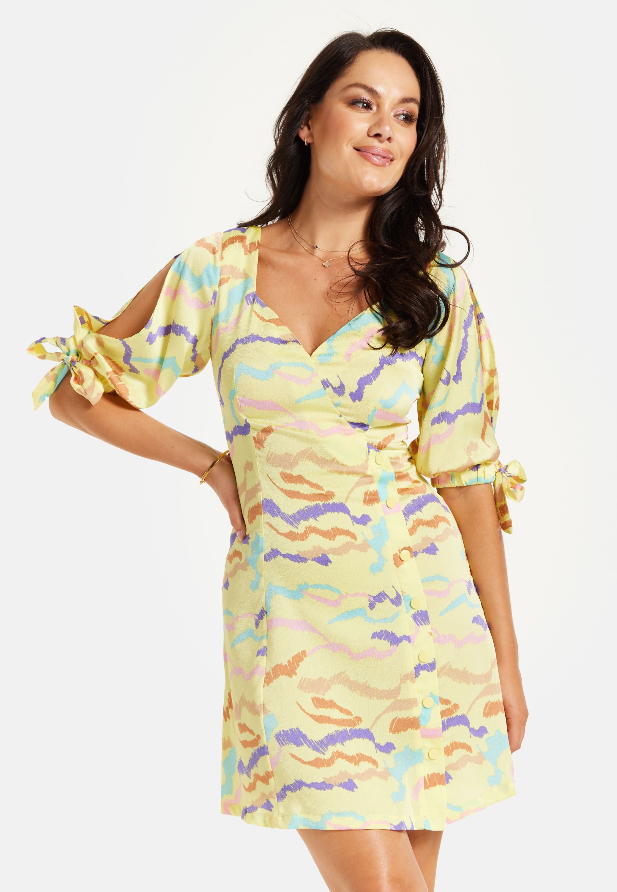 Women's Mini Dress in Yellow with Sleeve Tie-Ups and Back Tie-Up Detail - Abstract Zebra Print by Liquorish